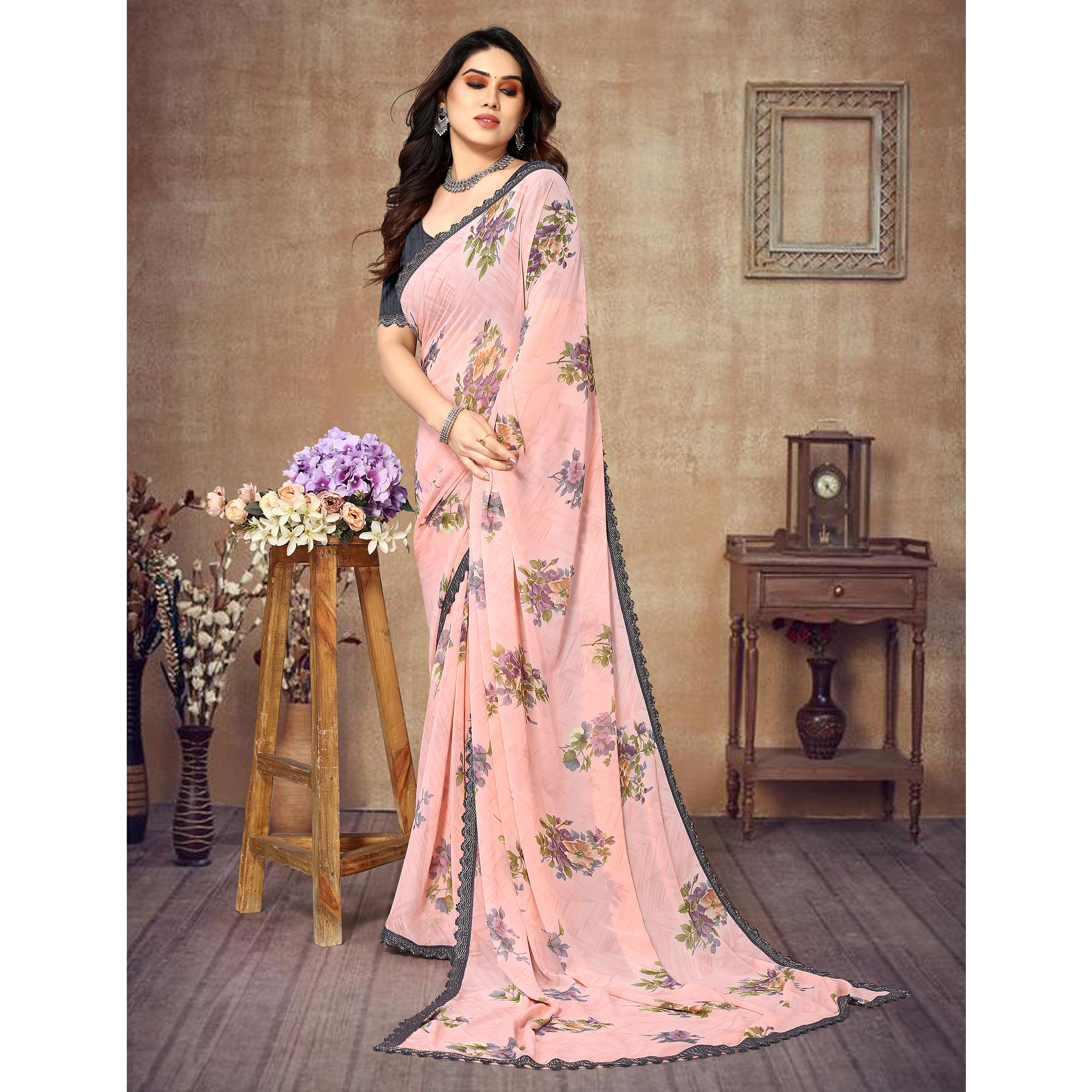 Peach Floral Printed Georgette Saree With Lace Border