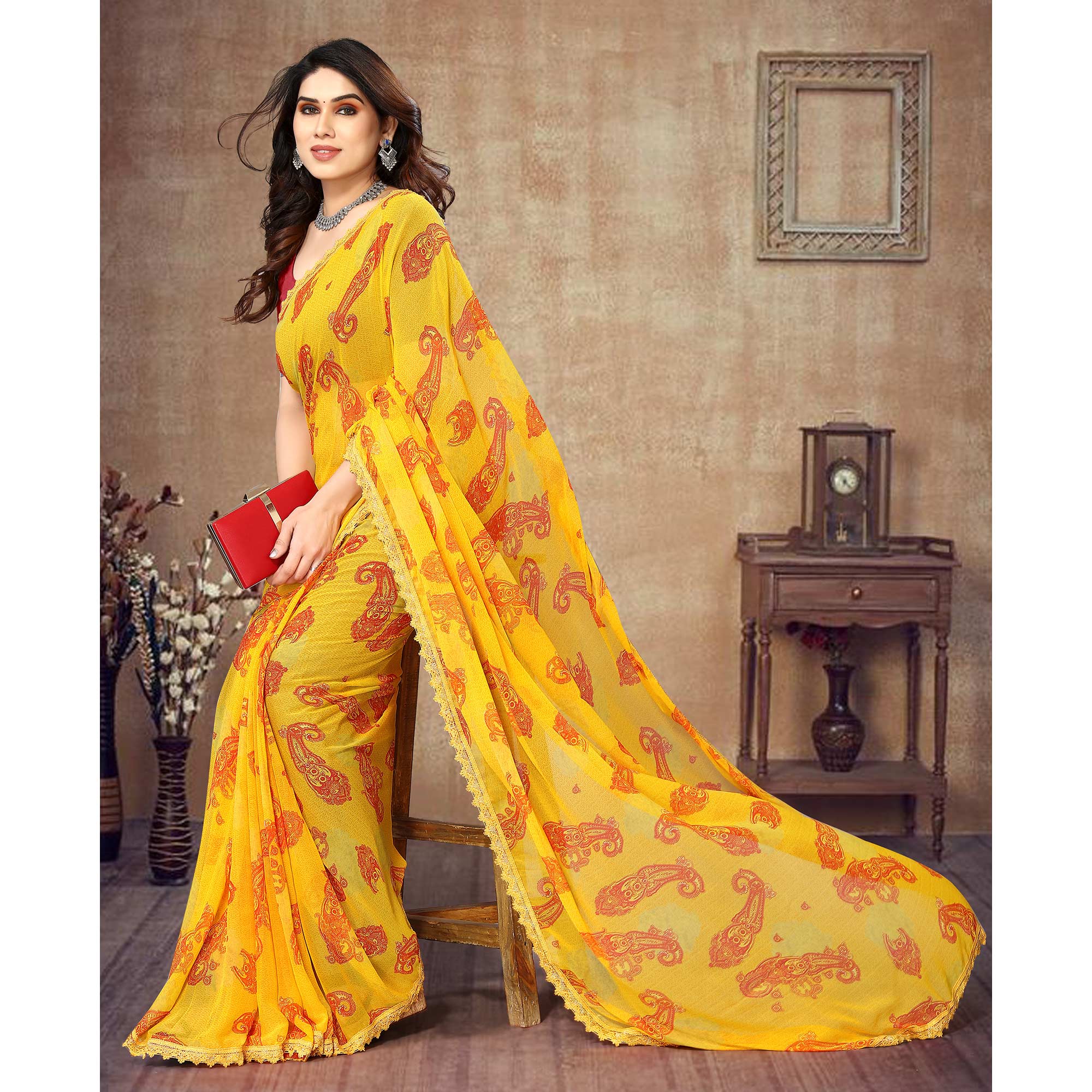 Yellow Floral Printed Georgette Saree With Lace Border