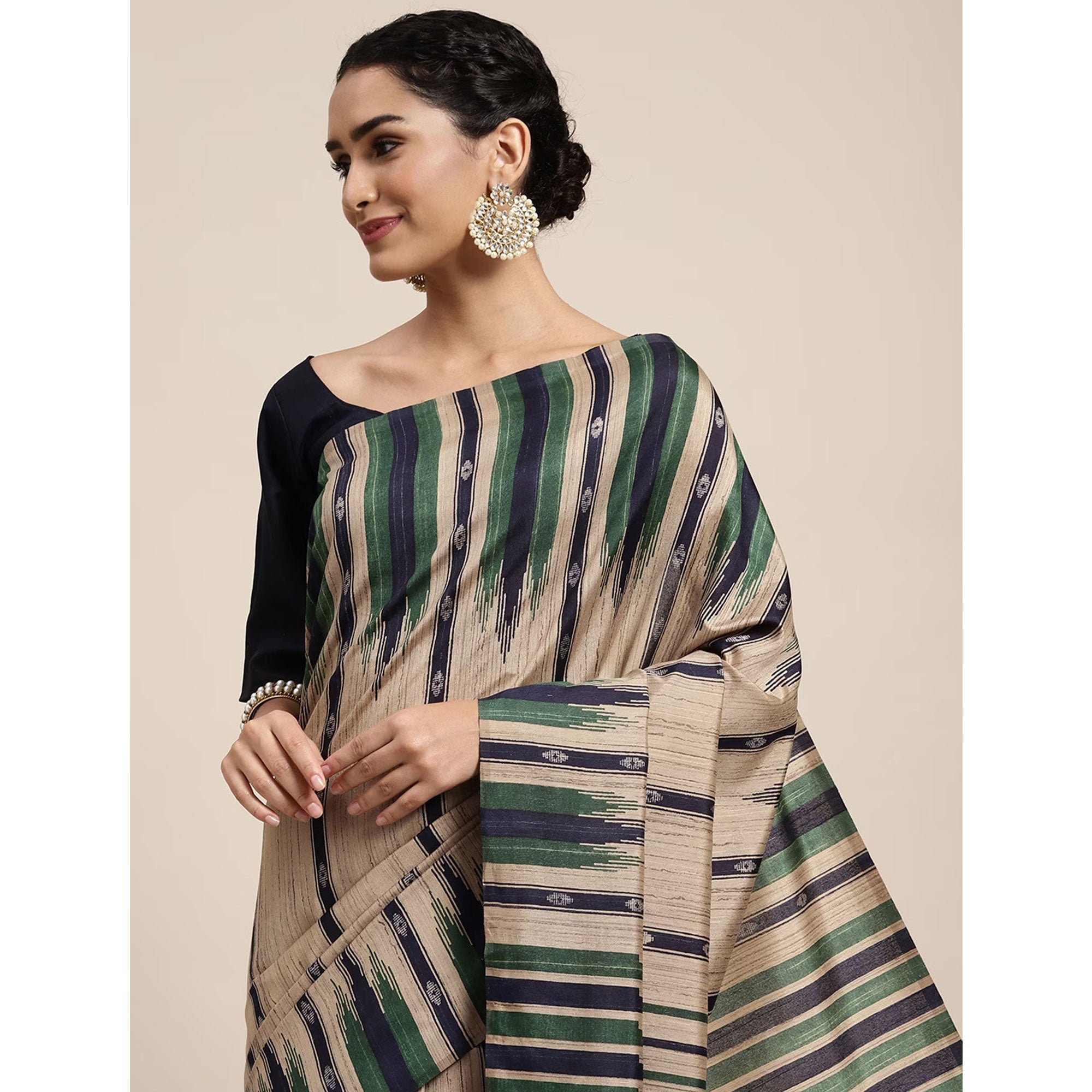 Beige Digital Printed Dola Silk Saree