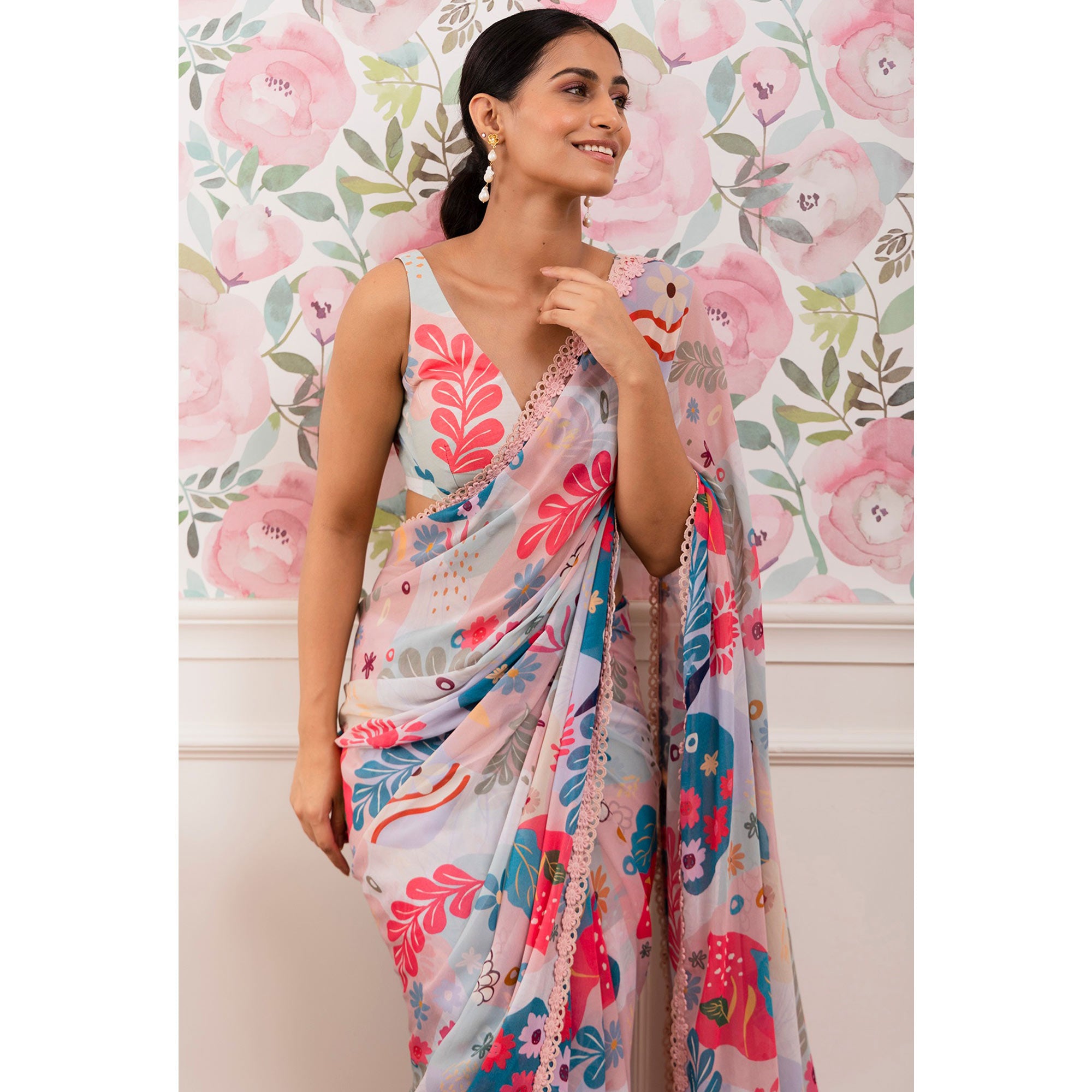 Light Blue Digital Printed Georgette Saree