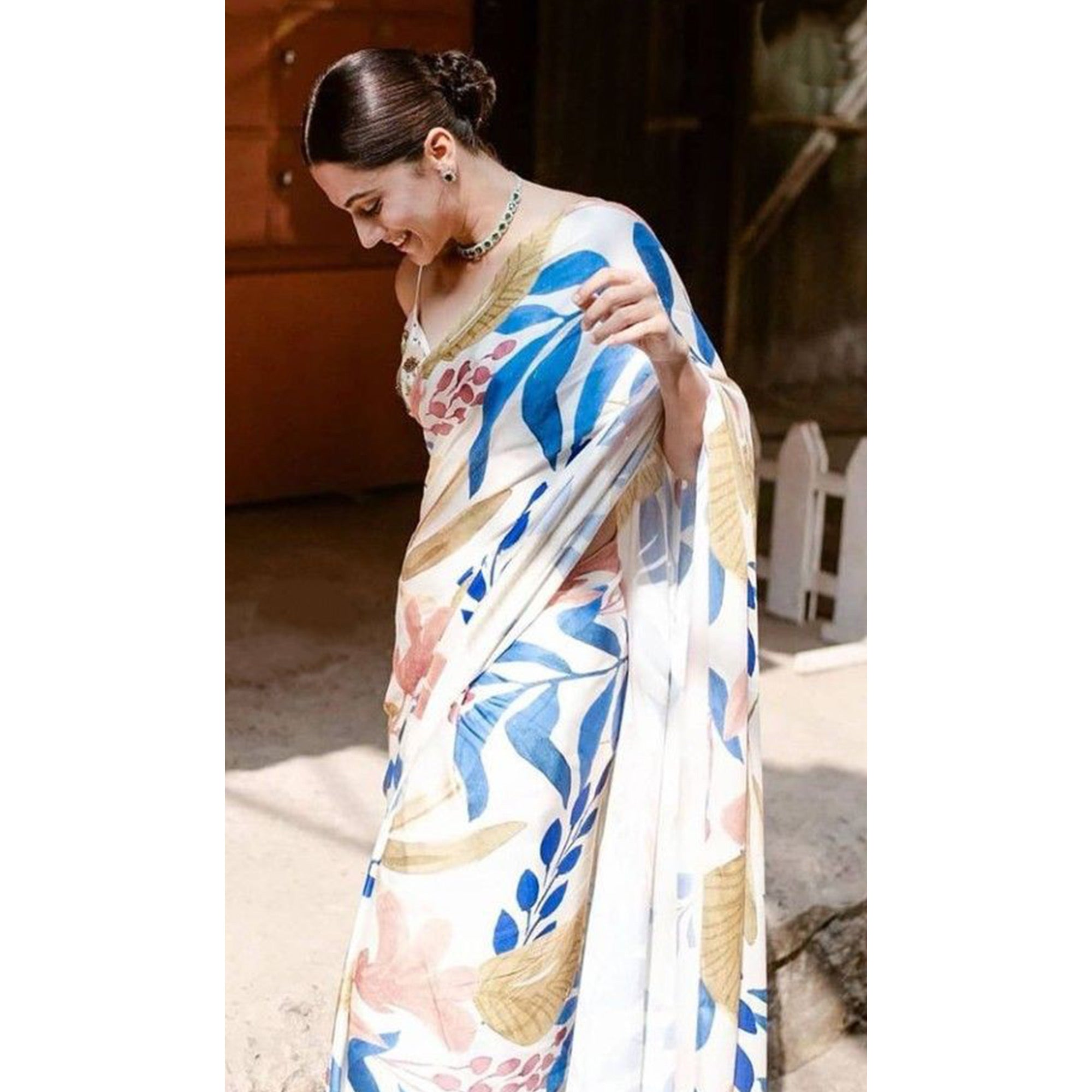 Off White Digital Printed Chinon Saree