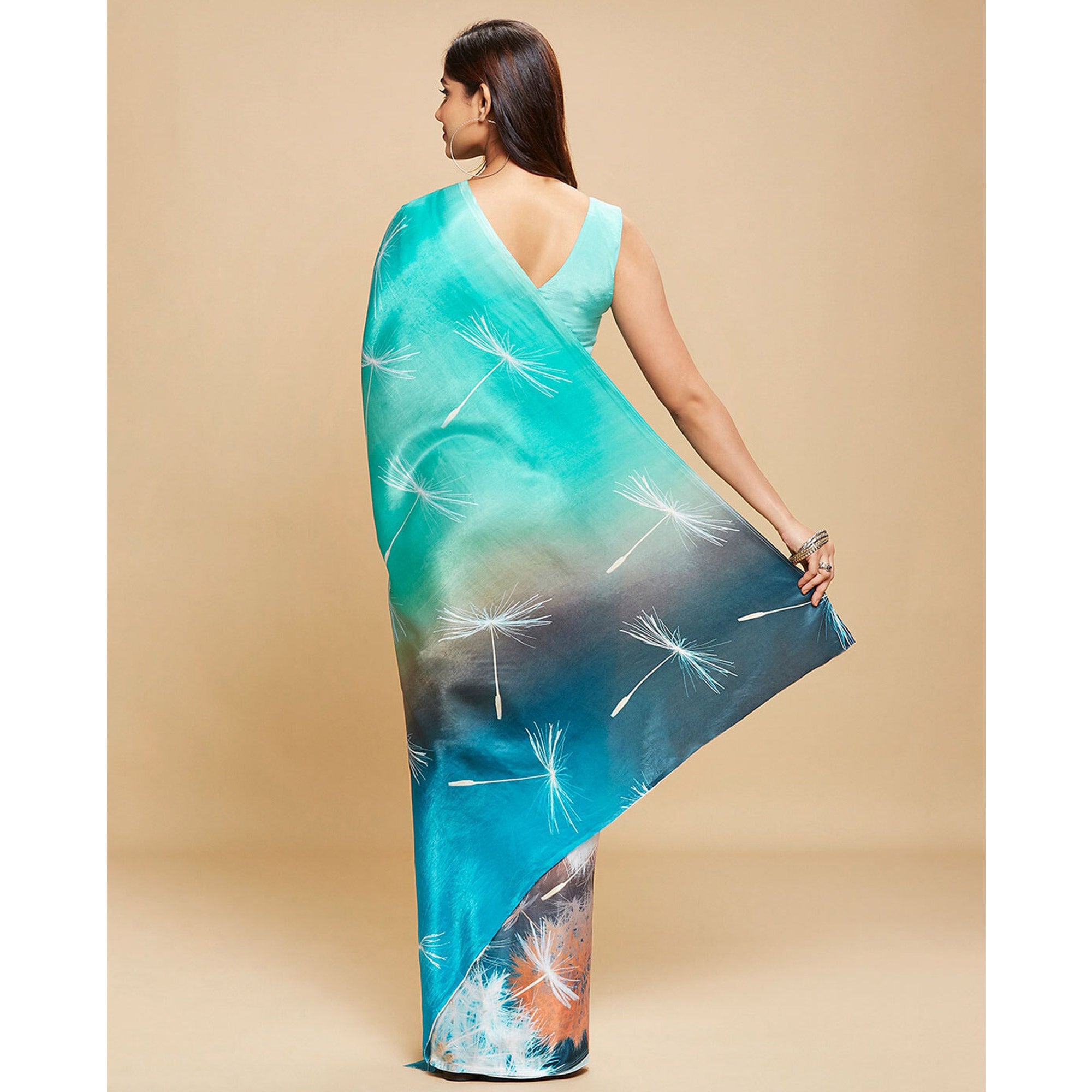 Turquoise Digital Printed Chinon Saree