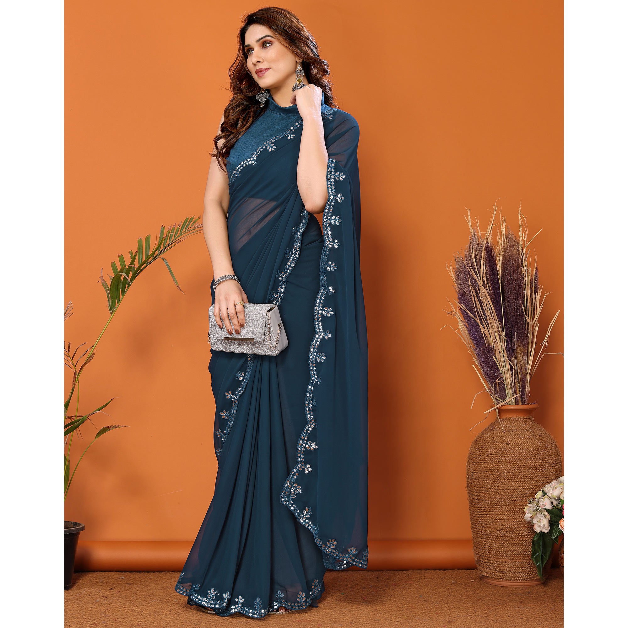 Teal Embellished Georgette Saree With Mirror Work