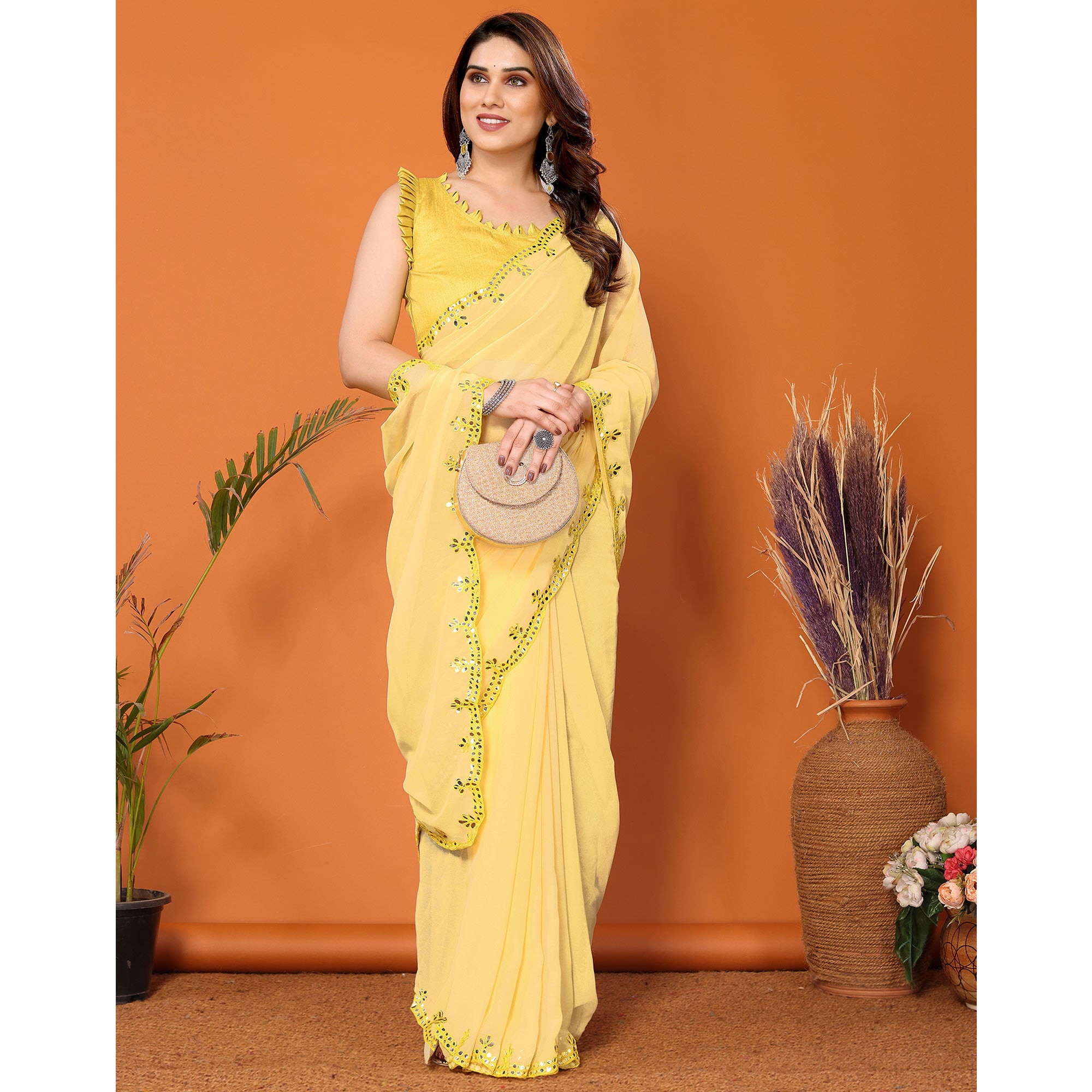 Yellow Embellished Georgette Saree With Mirror Work