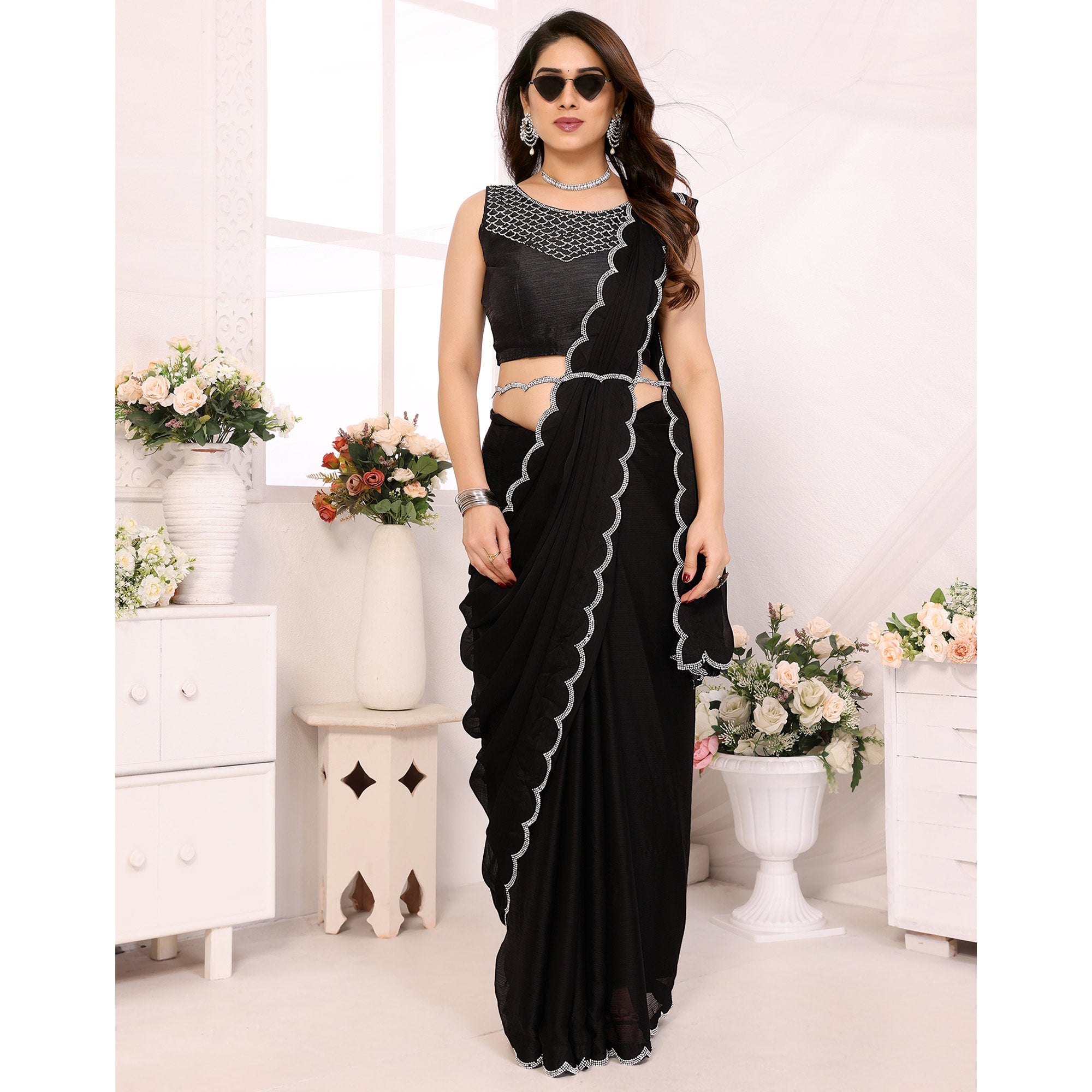 Black Solid Chiffon Saree With Stone Work Border