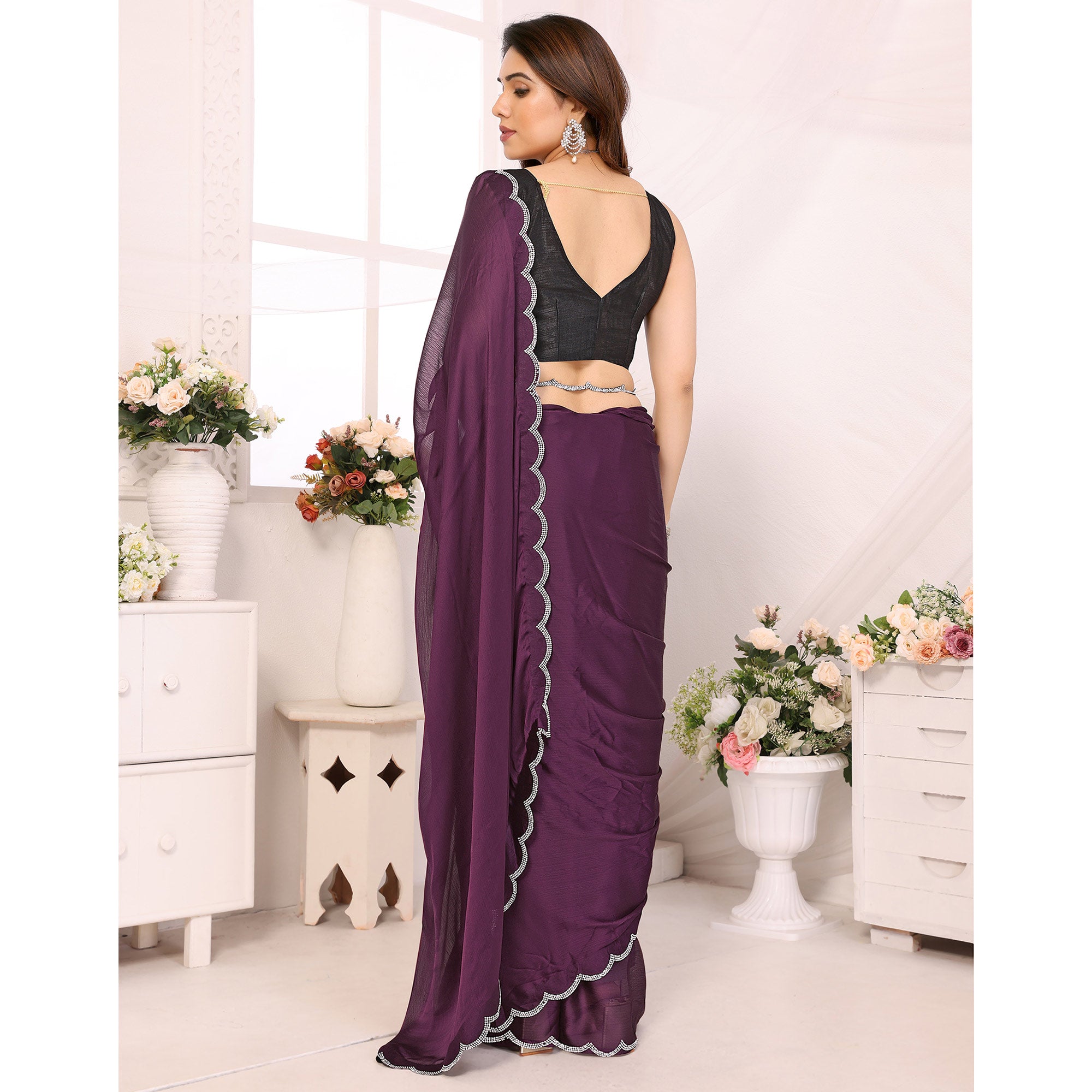 Purple Solid Chiffon Saree With Stone Work Border