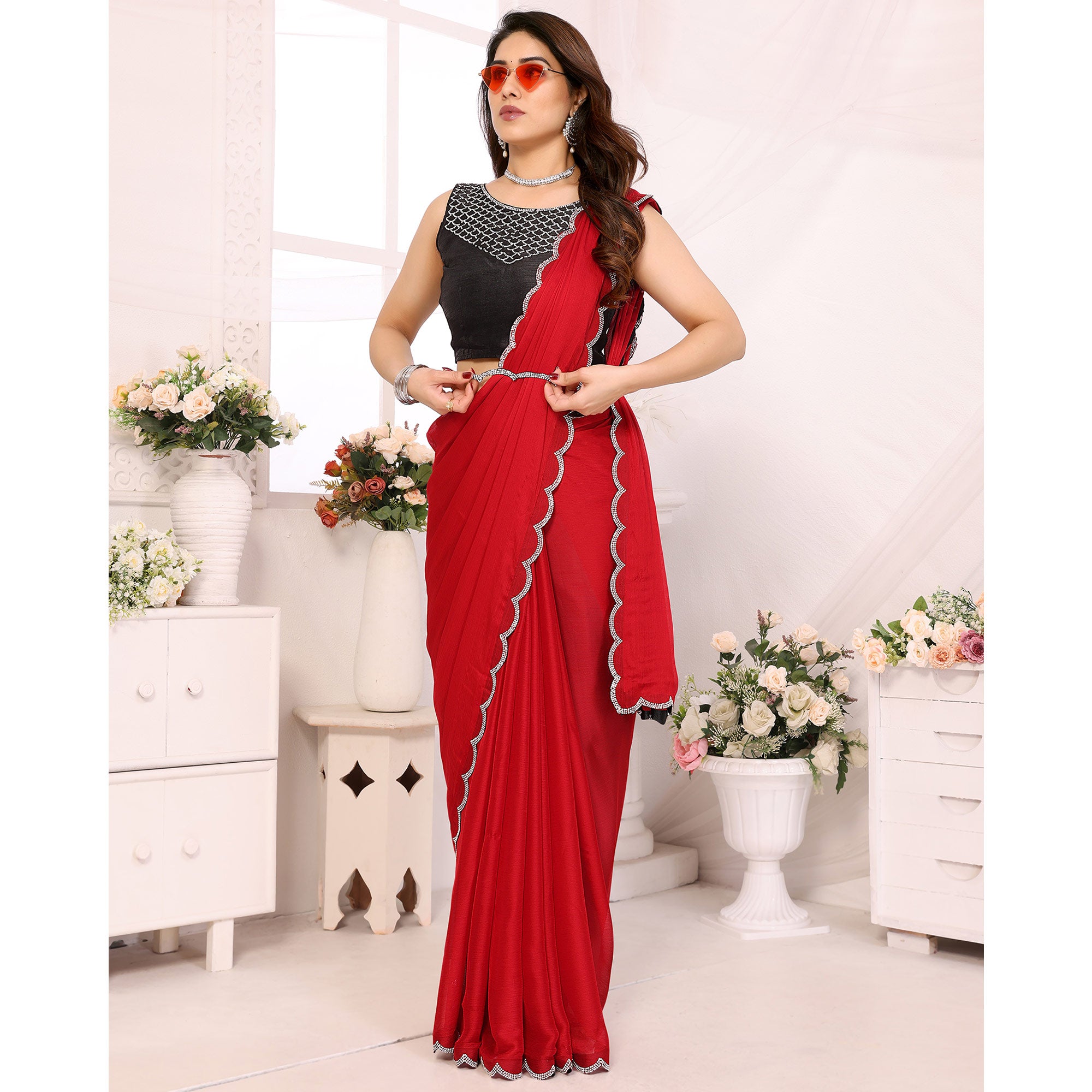Red Solid Chiffon Saree With Stone Work Border