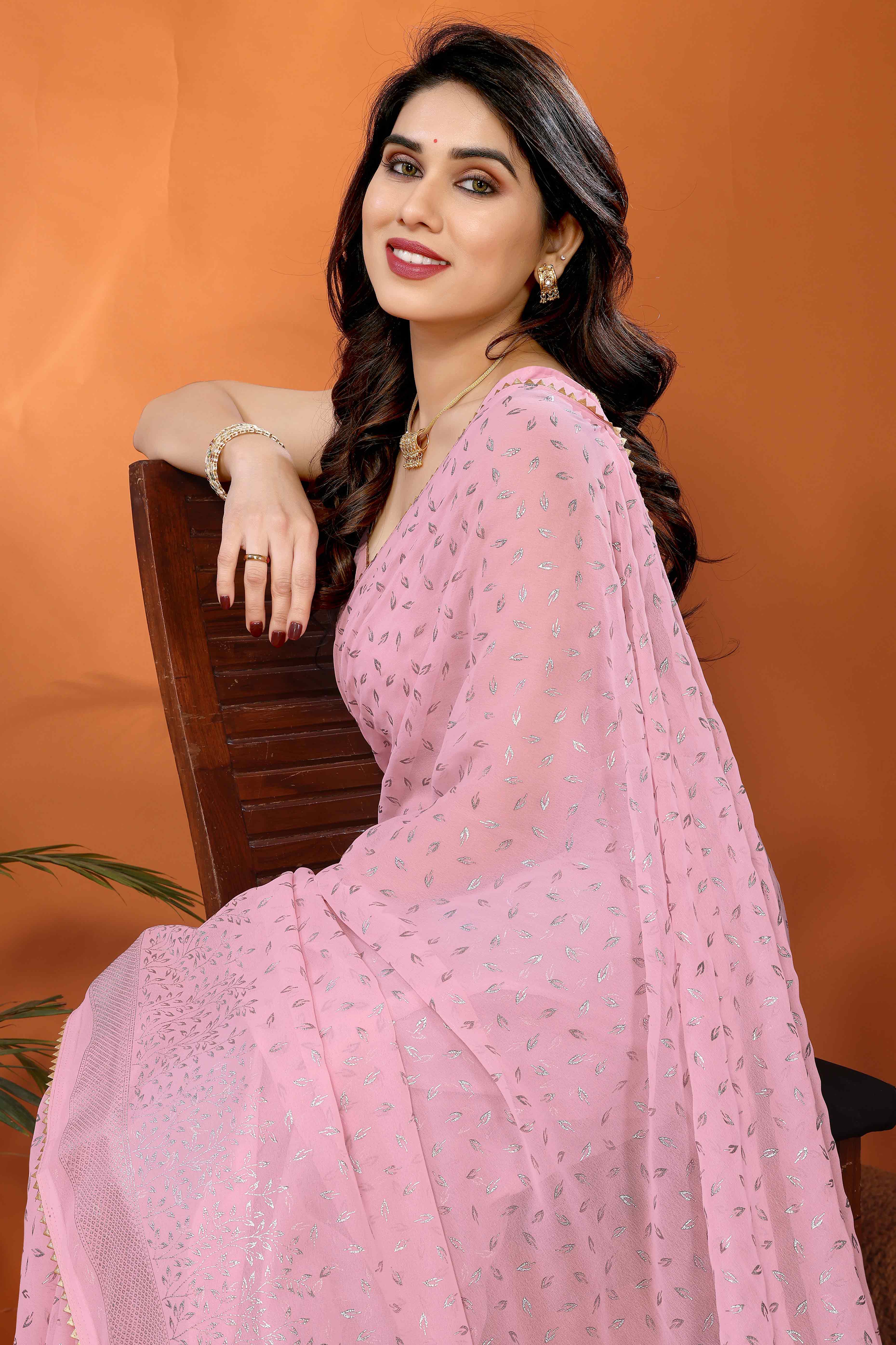 Rose Pink Foil Printed Georgette Saree