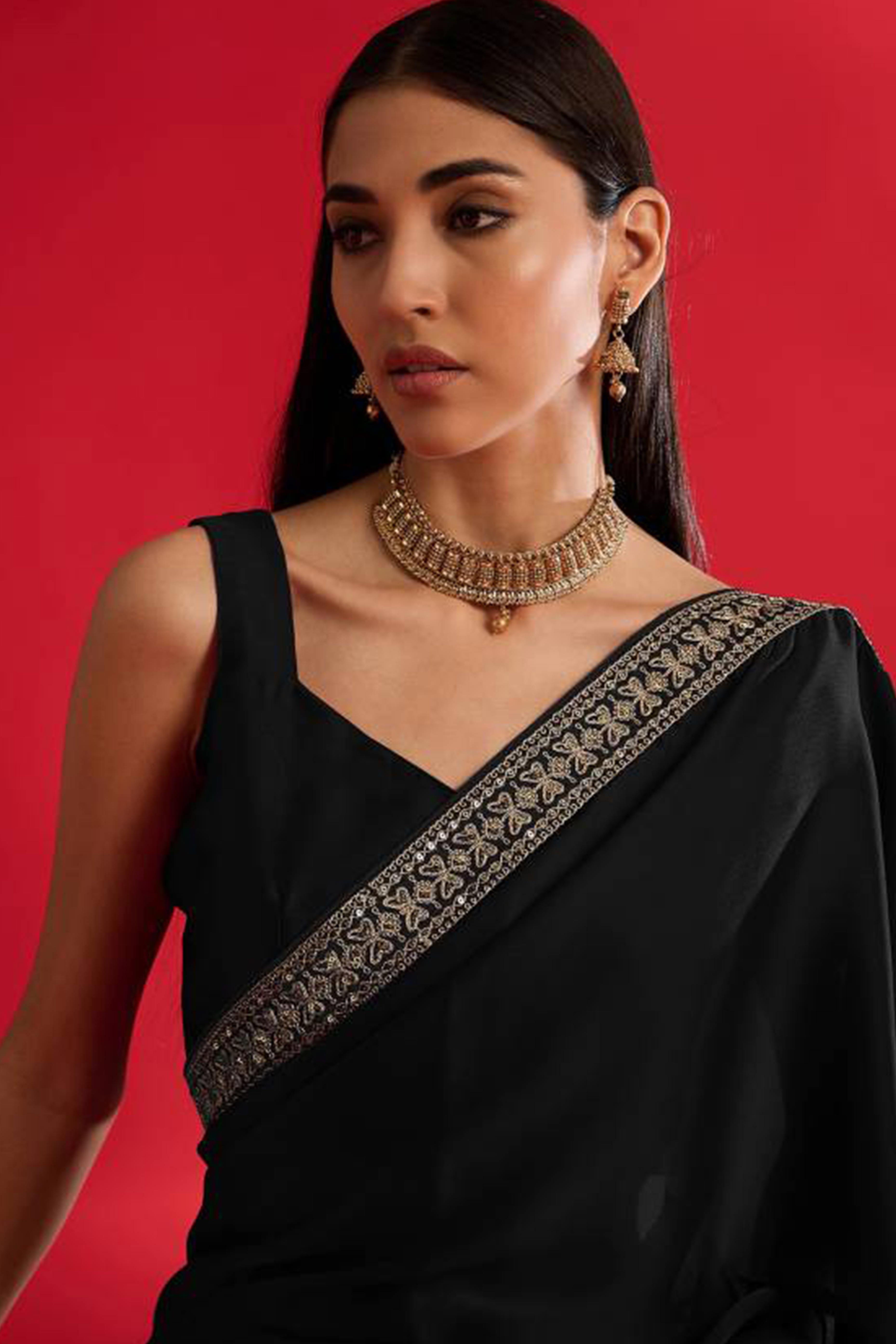 Black Solid With Embellished Bordered Chiffon Sarees