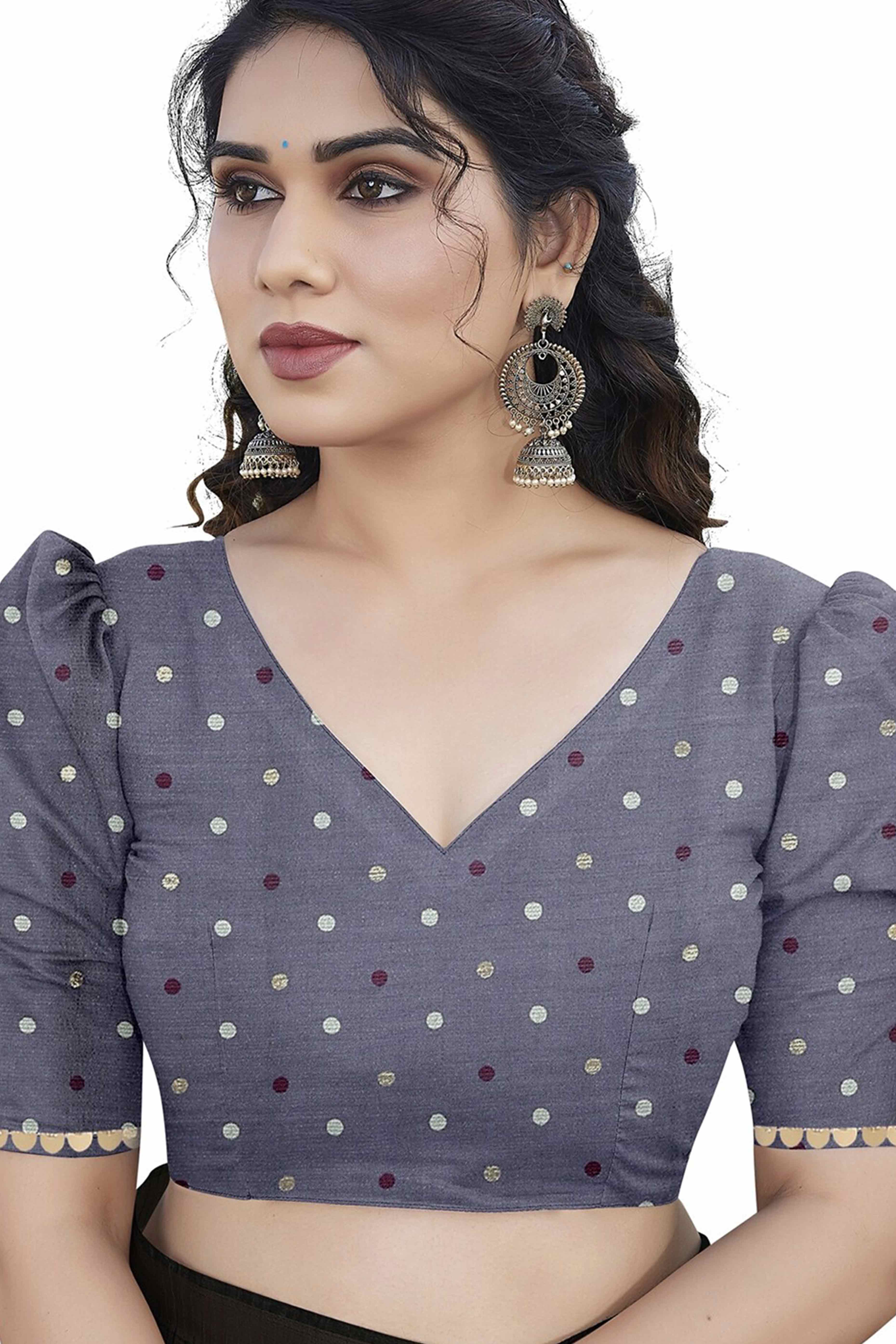 Grey Chiffon Saree With Zig-Zag Foil Print & Golden Lace Border