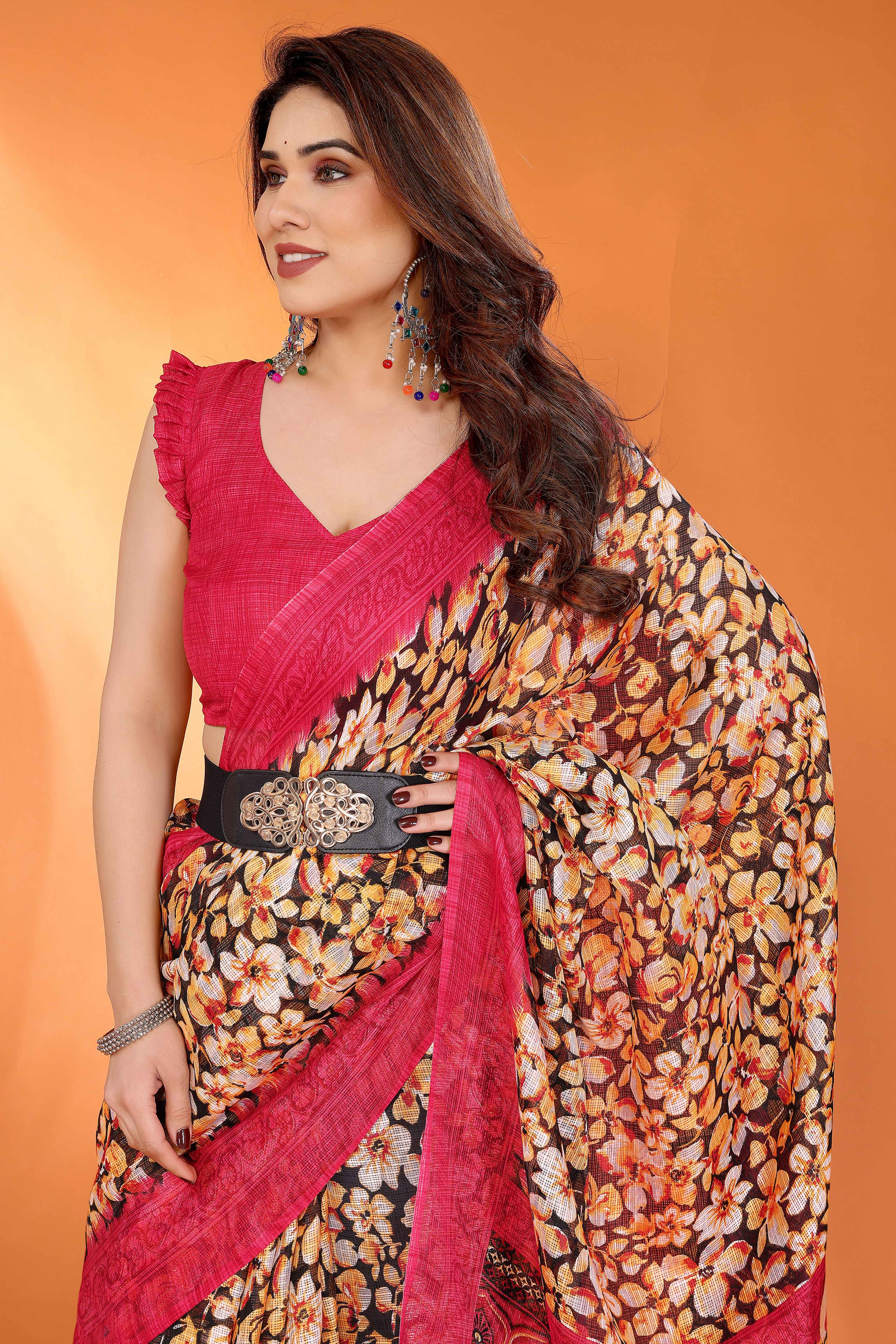 Gajari Pink Kota Doria Saree with Graceful Floral Print Work