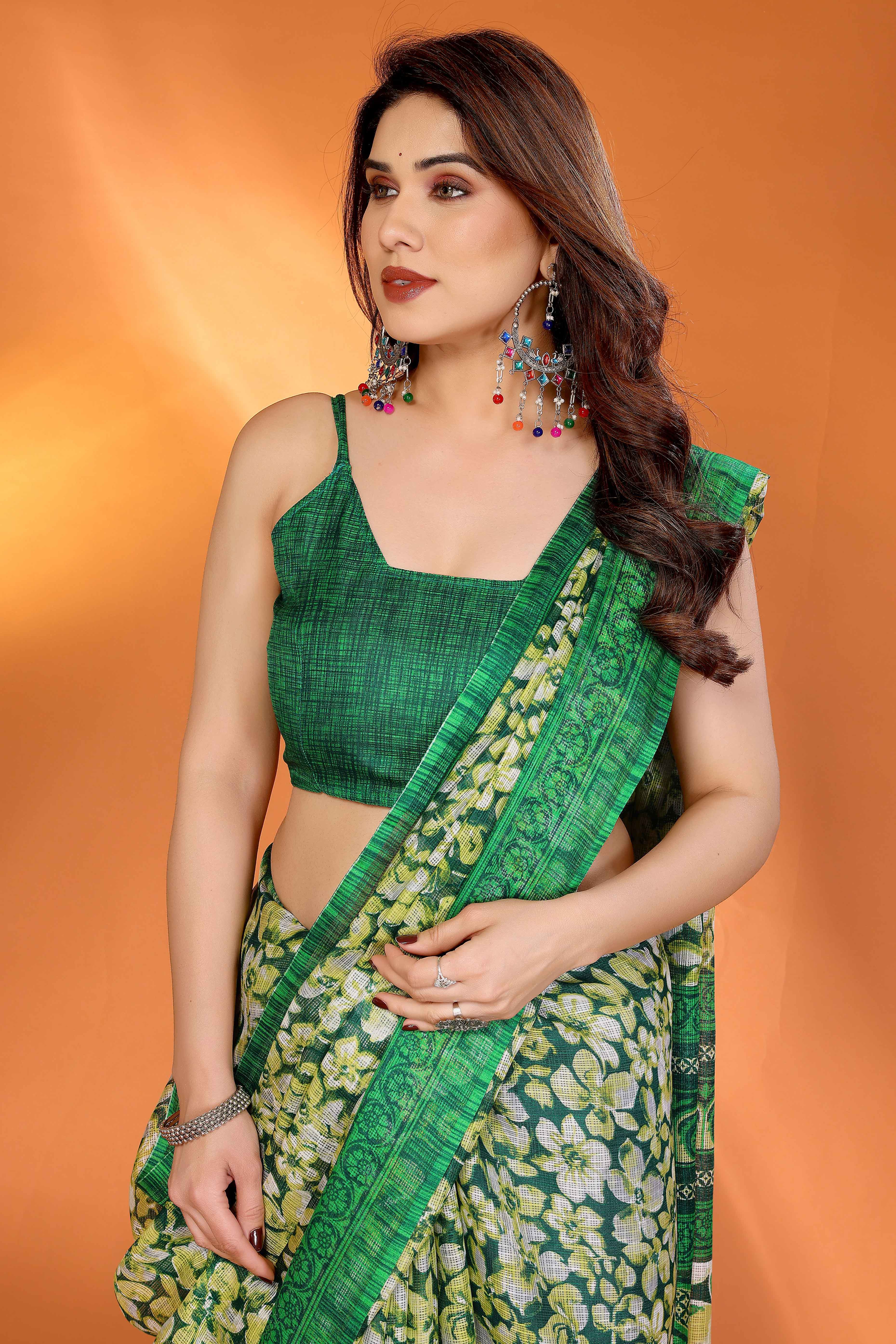 Green Kota Doria Saree with Graceful Floral Print Work
