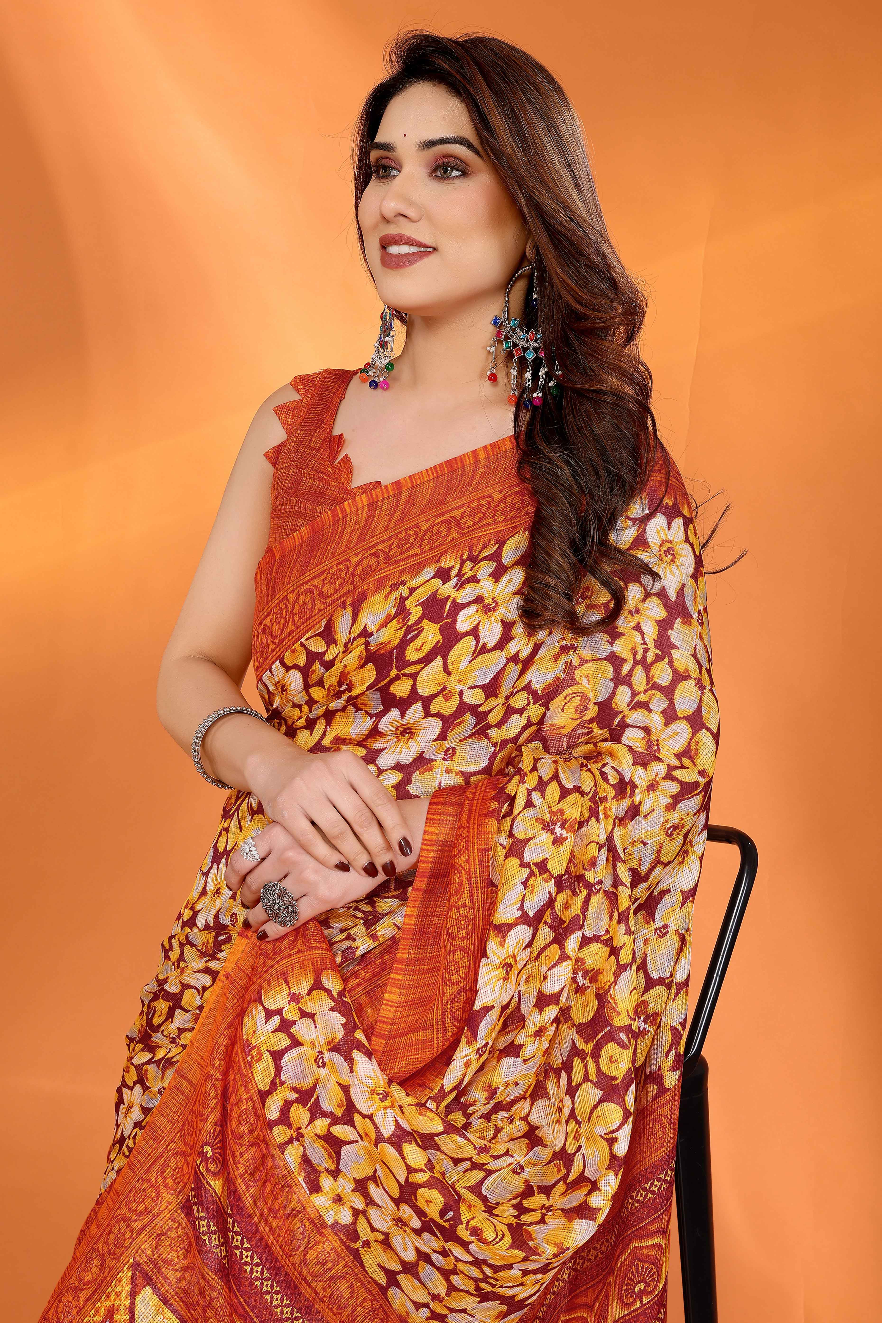 Orange Kota Doria Saree with Graceful Floral Print Work