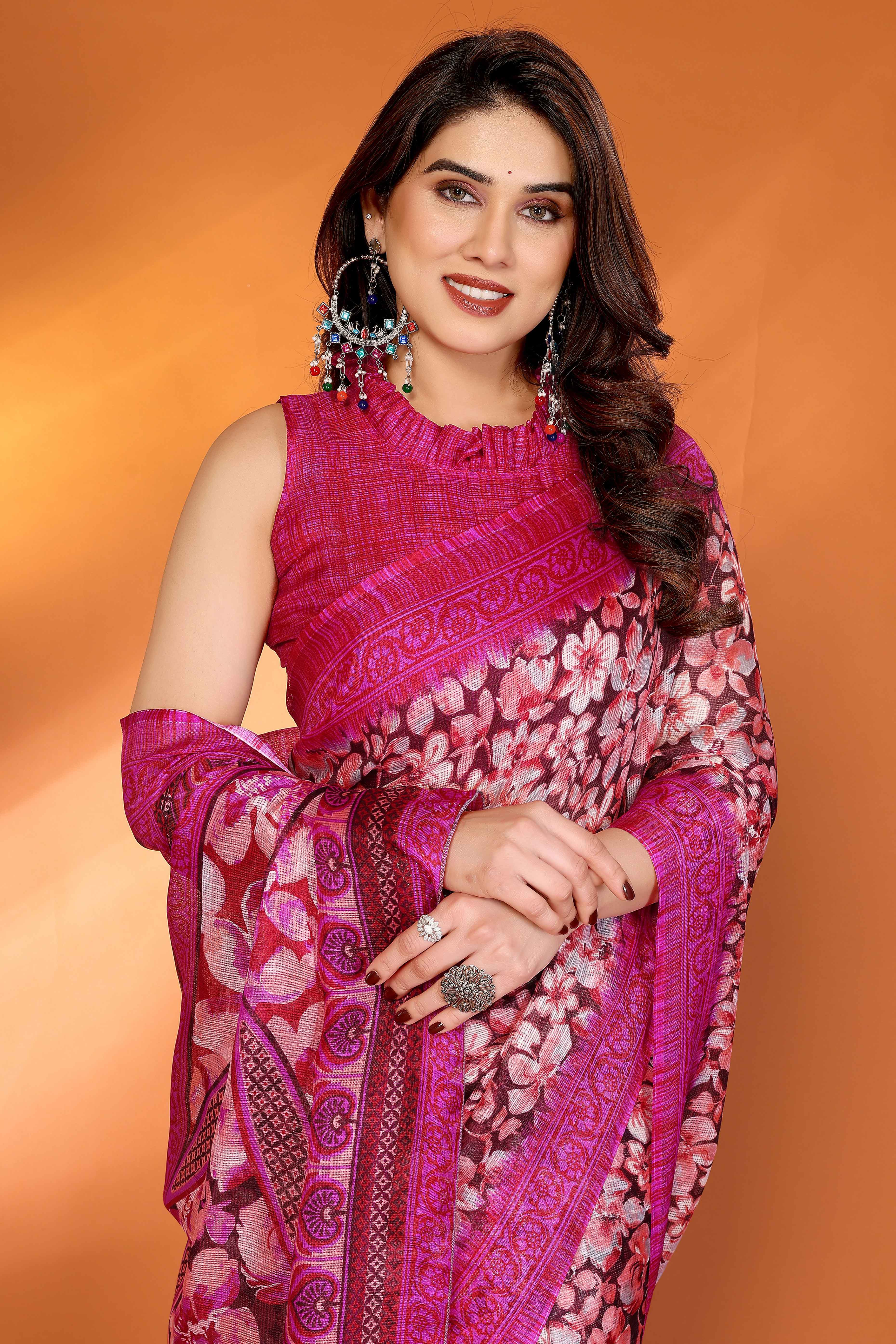 Pink Kota Doria Saree with Graceful Floral Print Work