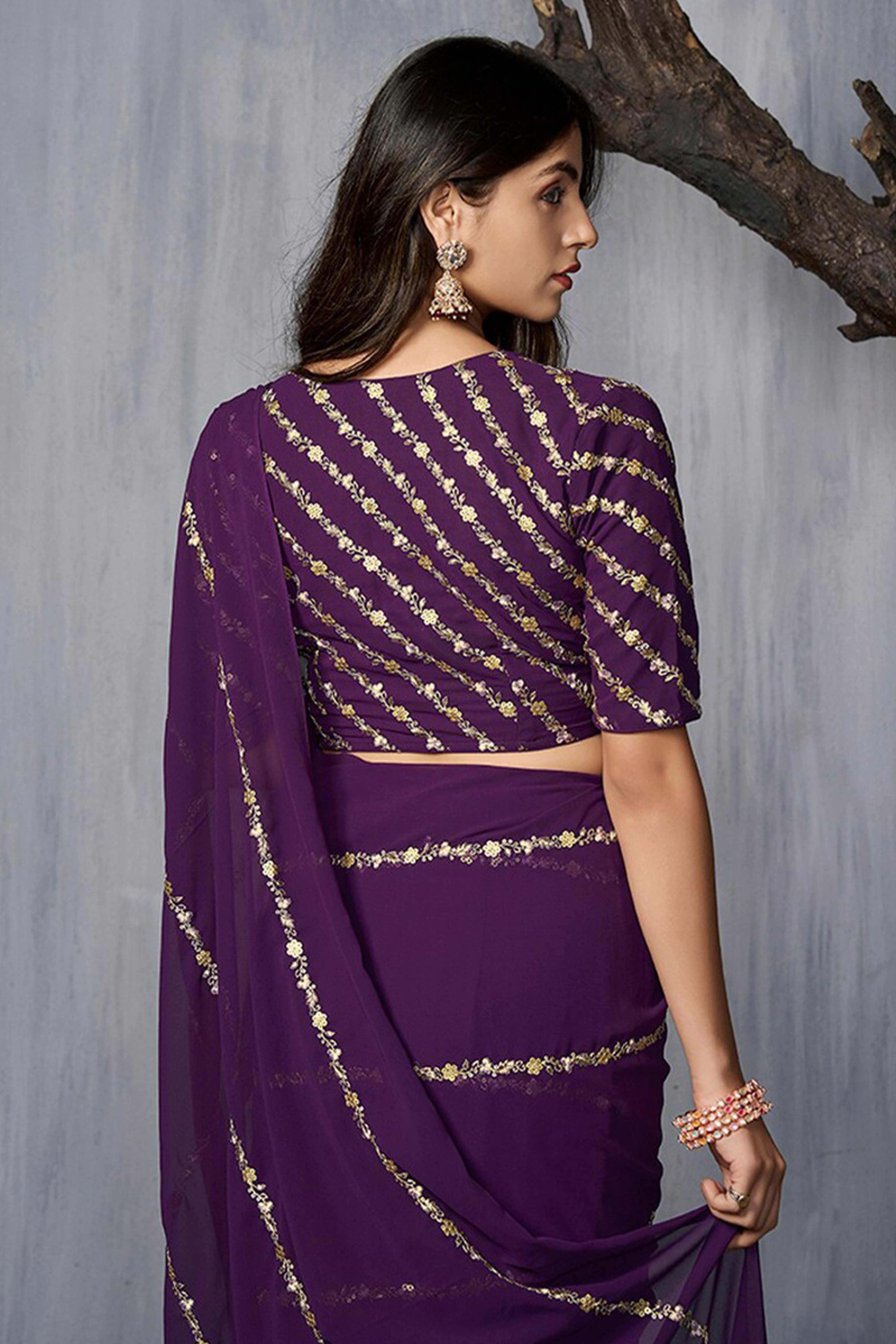 Elegant Purple Floral Georgette Saree Embellished With Fine Sequins Embroidery