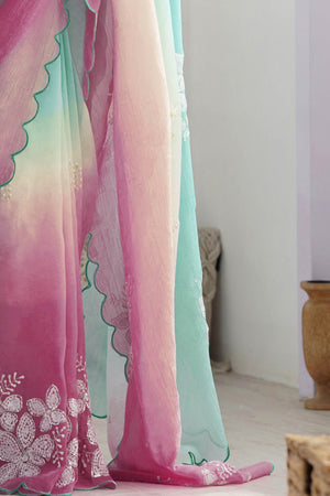 Rama Green & Wine Ombre Silk Blend Saree Accentuated With Floral Sequins Embroidery