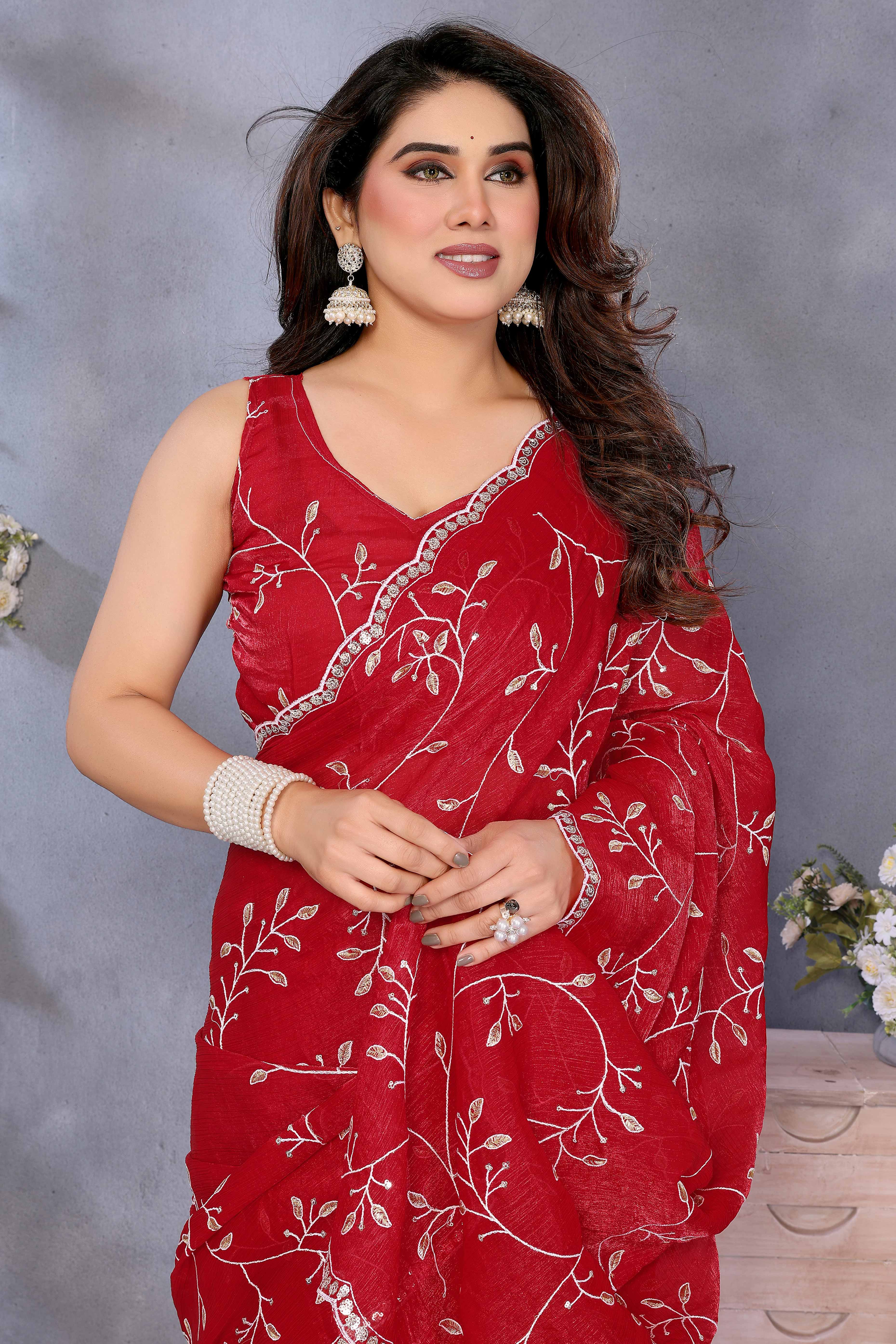 Red Jimmy Choo Chiffon Saree Adorned with Delicate Floral Sequins Embroidery
