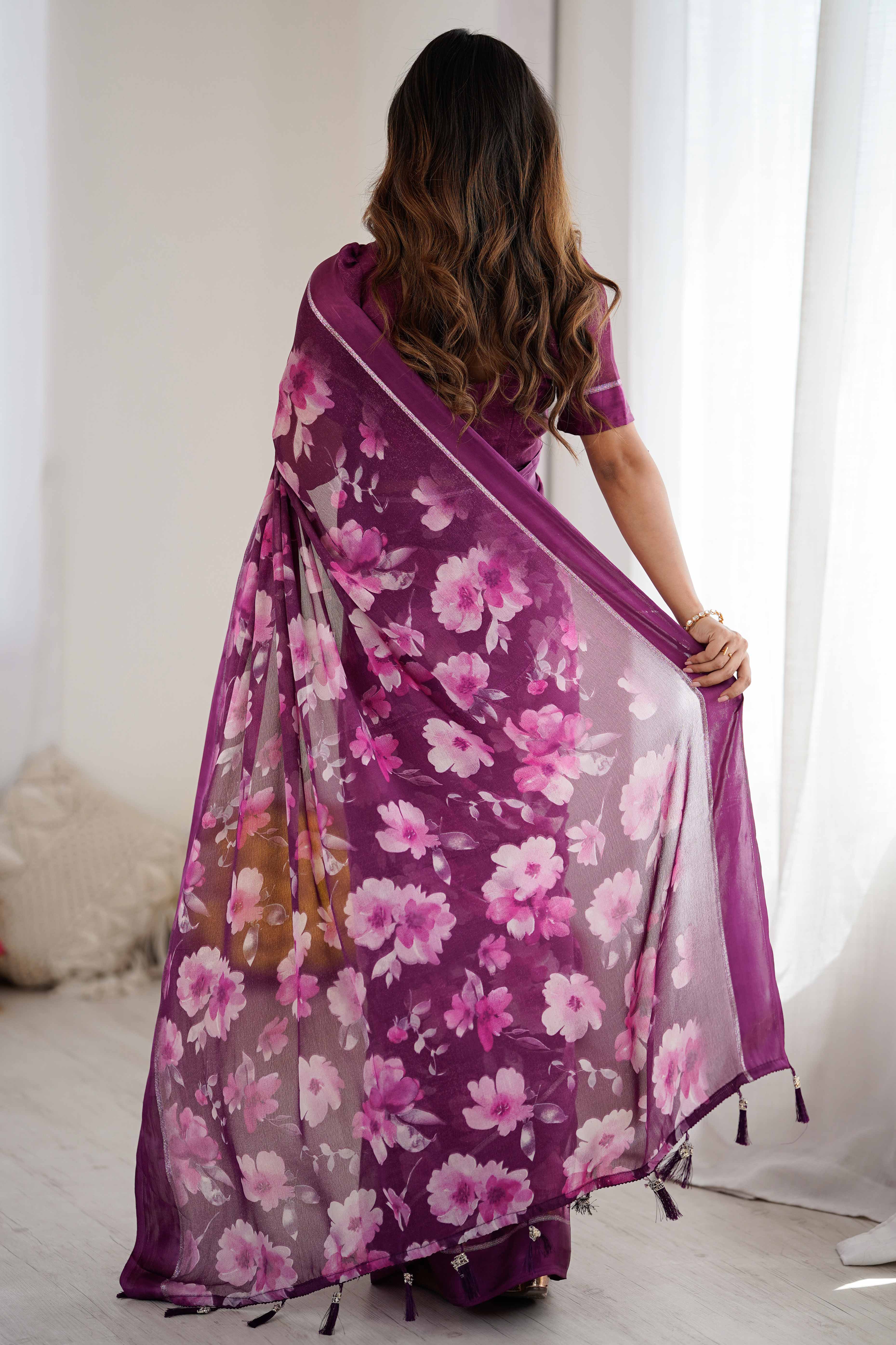 Magenta Floral Printed Moss Silk Blend Saree Adorned With Playful Tassel Pallu