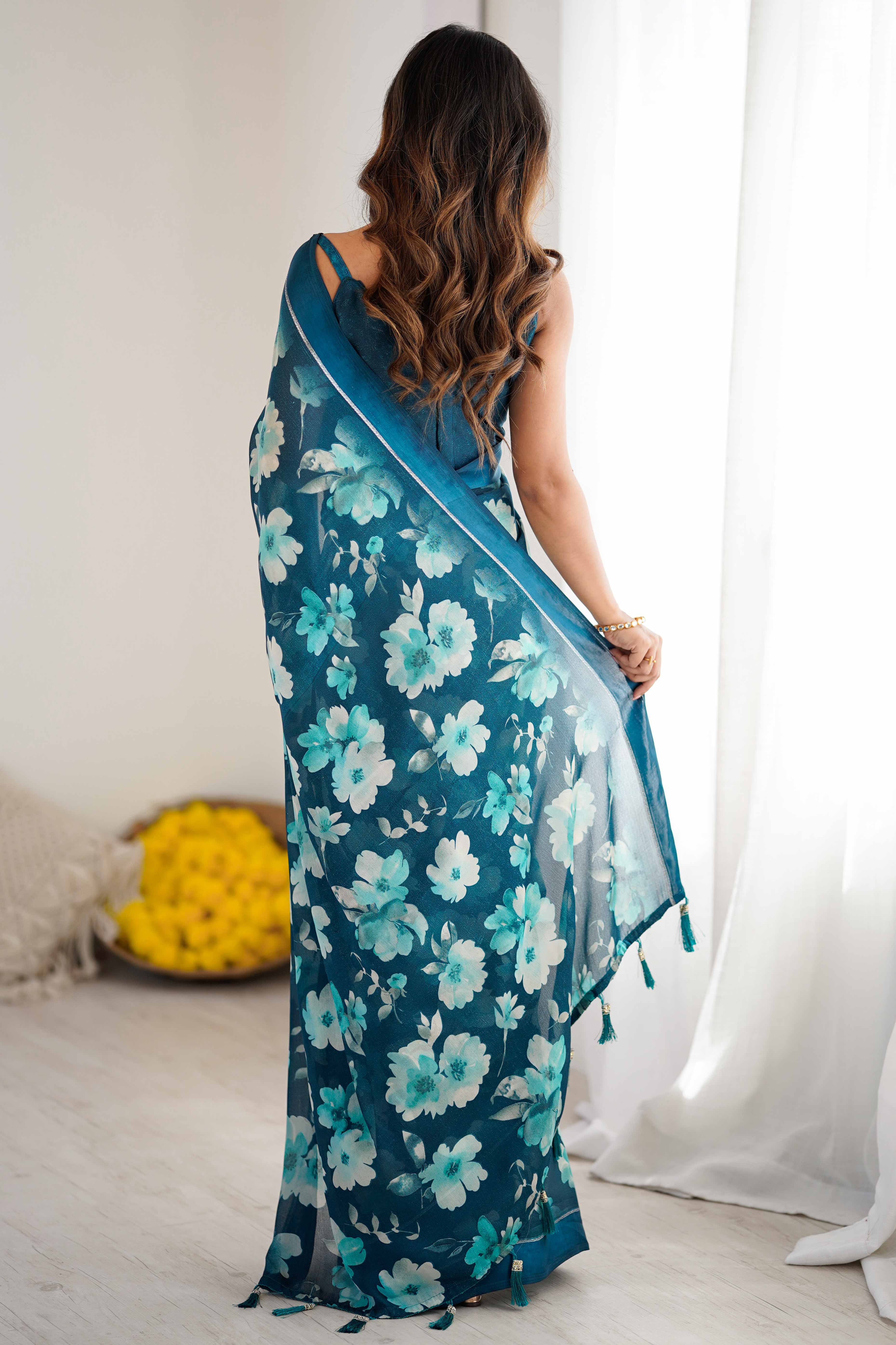 Morpich Blue Floral Printed Moss Silk Blend Saree Adorned With Playful Tassel Pallu