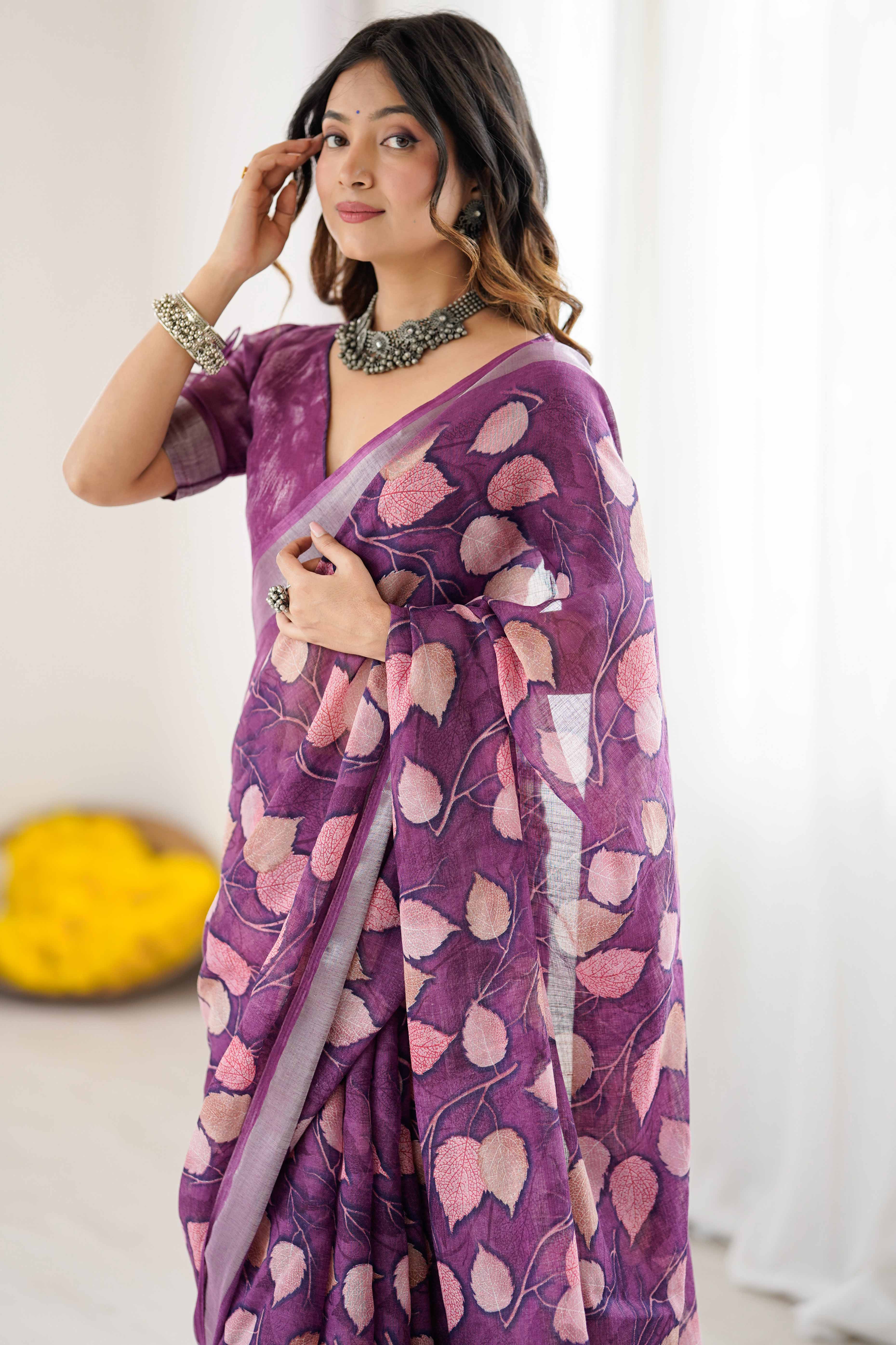 Purple Linen Saree With Graceful All Over Leaf Pattern