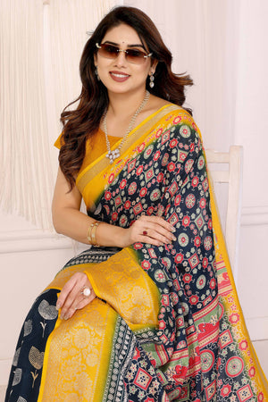 Blue Moss Crepe Saree with Floral Prints and Jacquard Edging