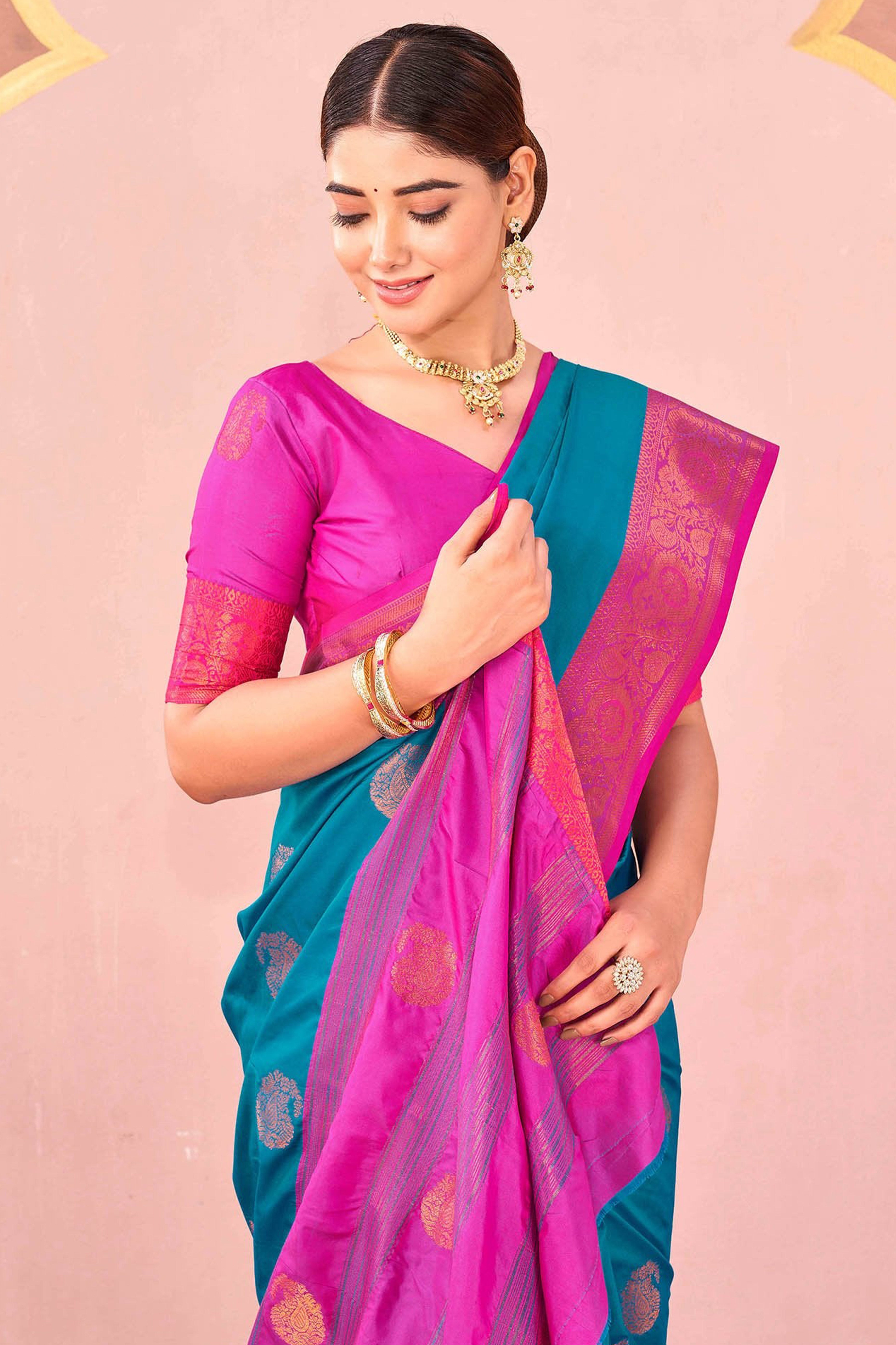 Blue Silk Blend Saree Adorned With Zari Woven Floral & Paisley Design