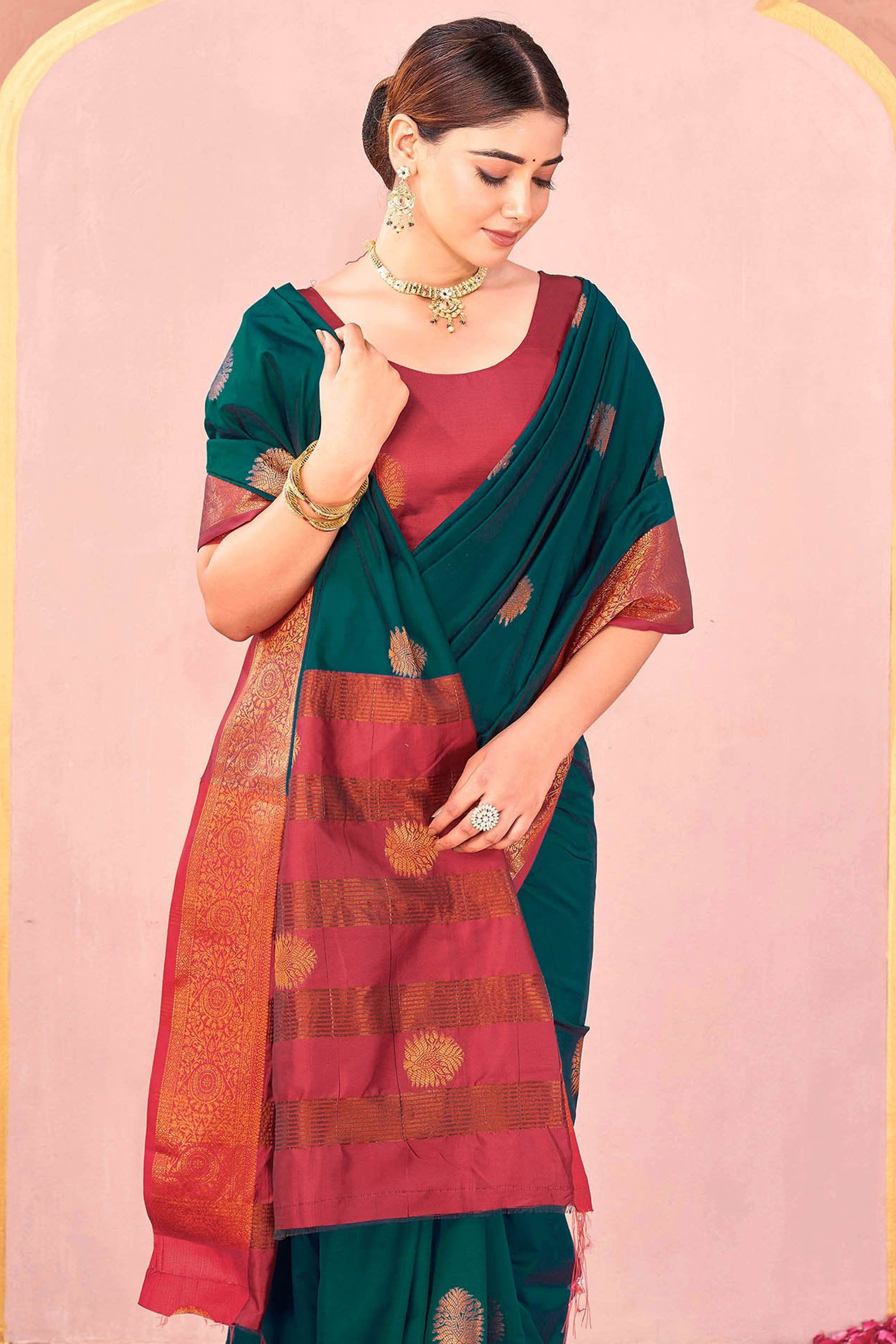 Rama Green Silk Blend Saree Adorned With Zari Woven Floral & Paisley Design