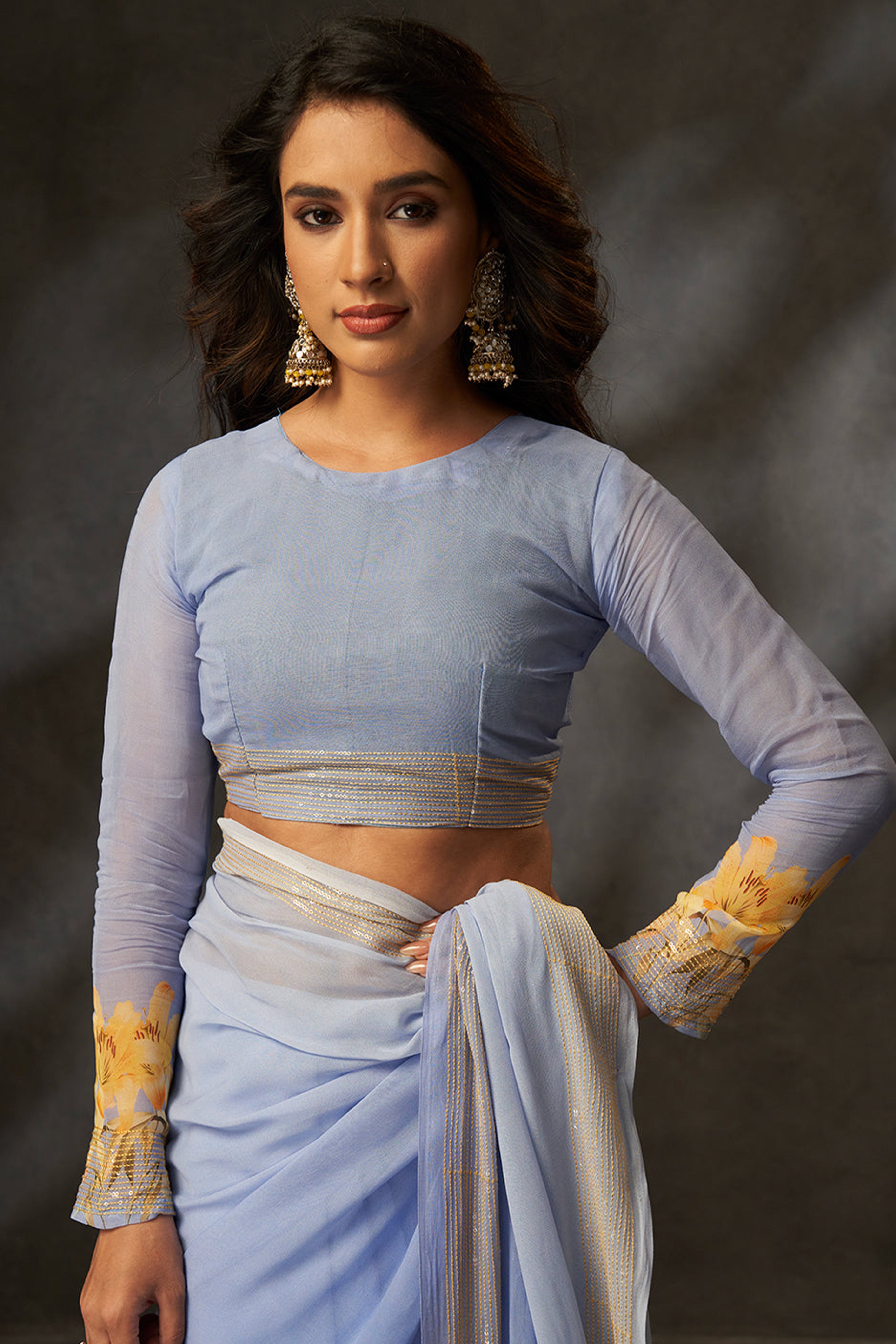 Graceful Blue Floral Digital Print Saree in Georgette With Artistic Crochet Border Work