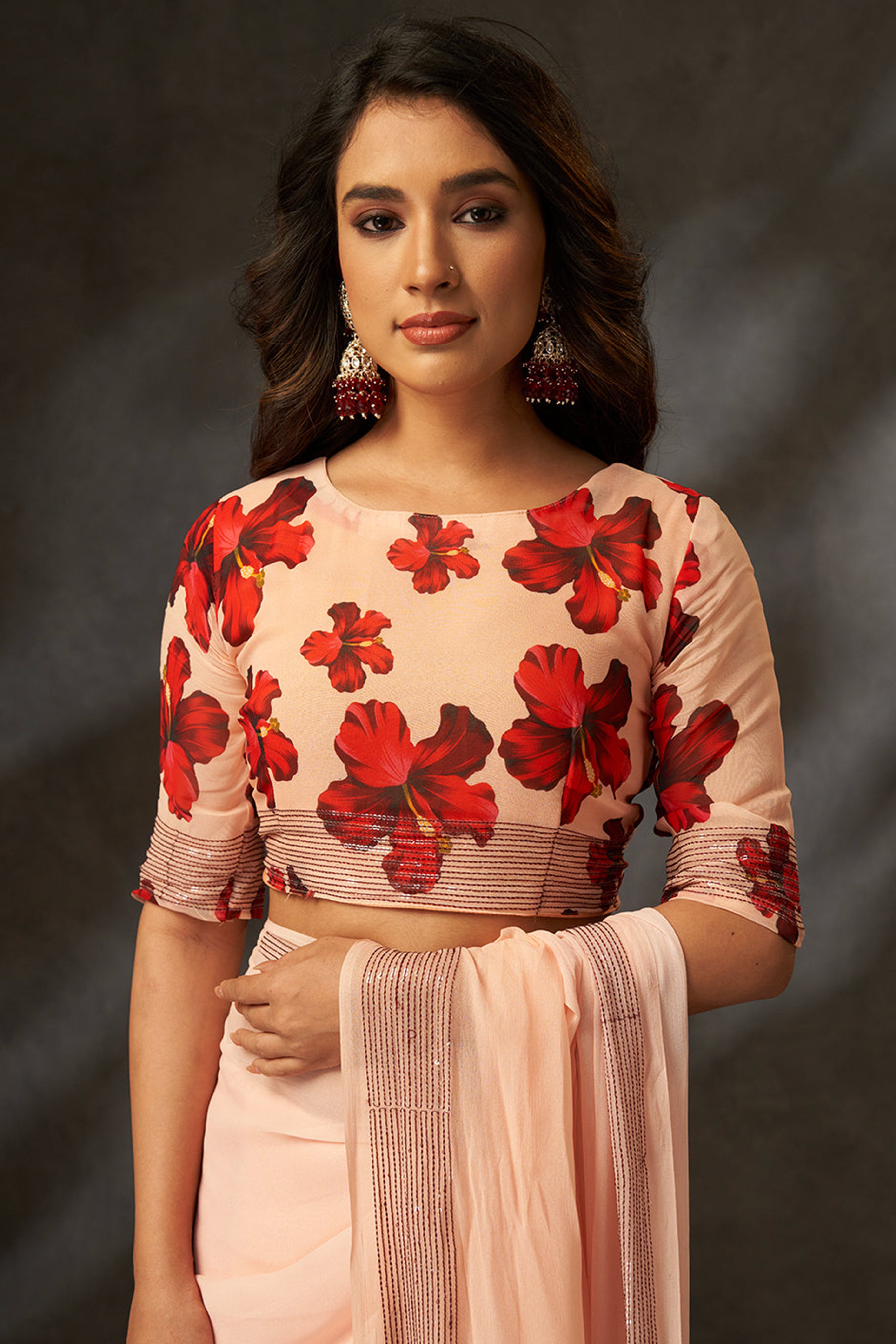 Graceful Peach Floral Digital Print Saree in Georgette With Artistic Crochet Border Work