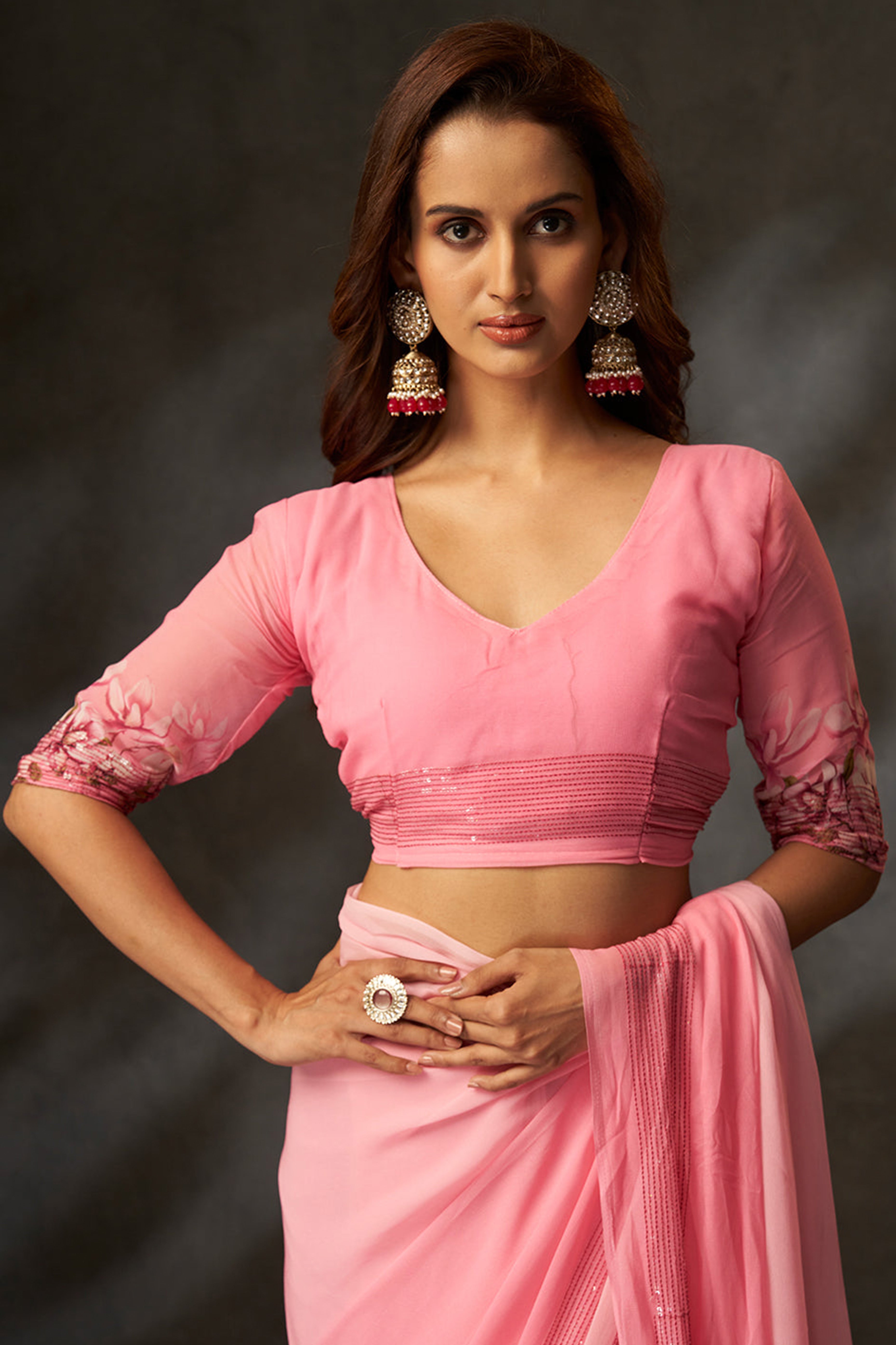 Graceful Pink Floral Digital Print Saree in Georgette With Artistic Crochet Border Work