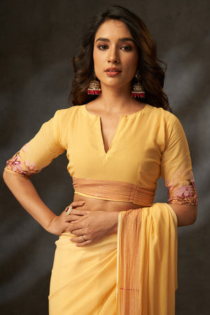 Graceful Yellow Floral Digital Print Saree in Georgette With Artistic Crochet Border Work