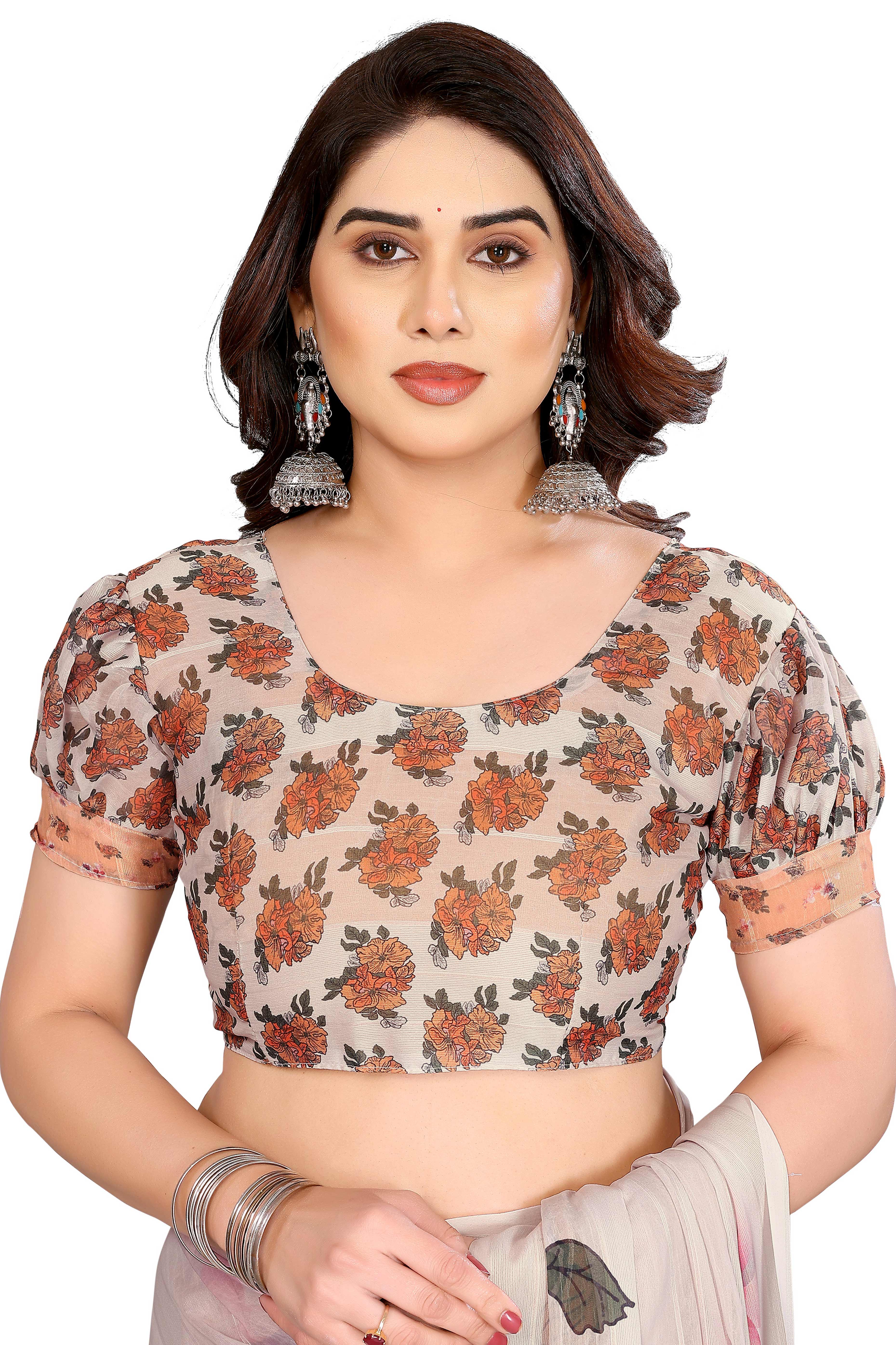 Graceful Beige Floral Digital Print Georgette Saree Featuring Zari Work & Vibrant Striped