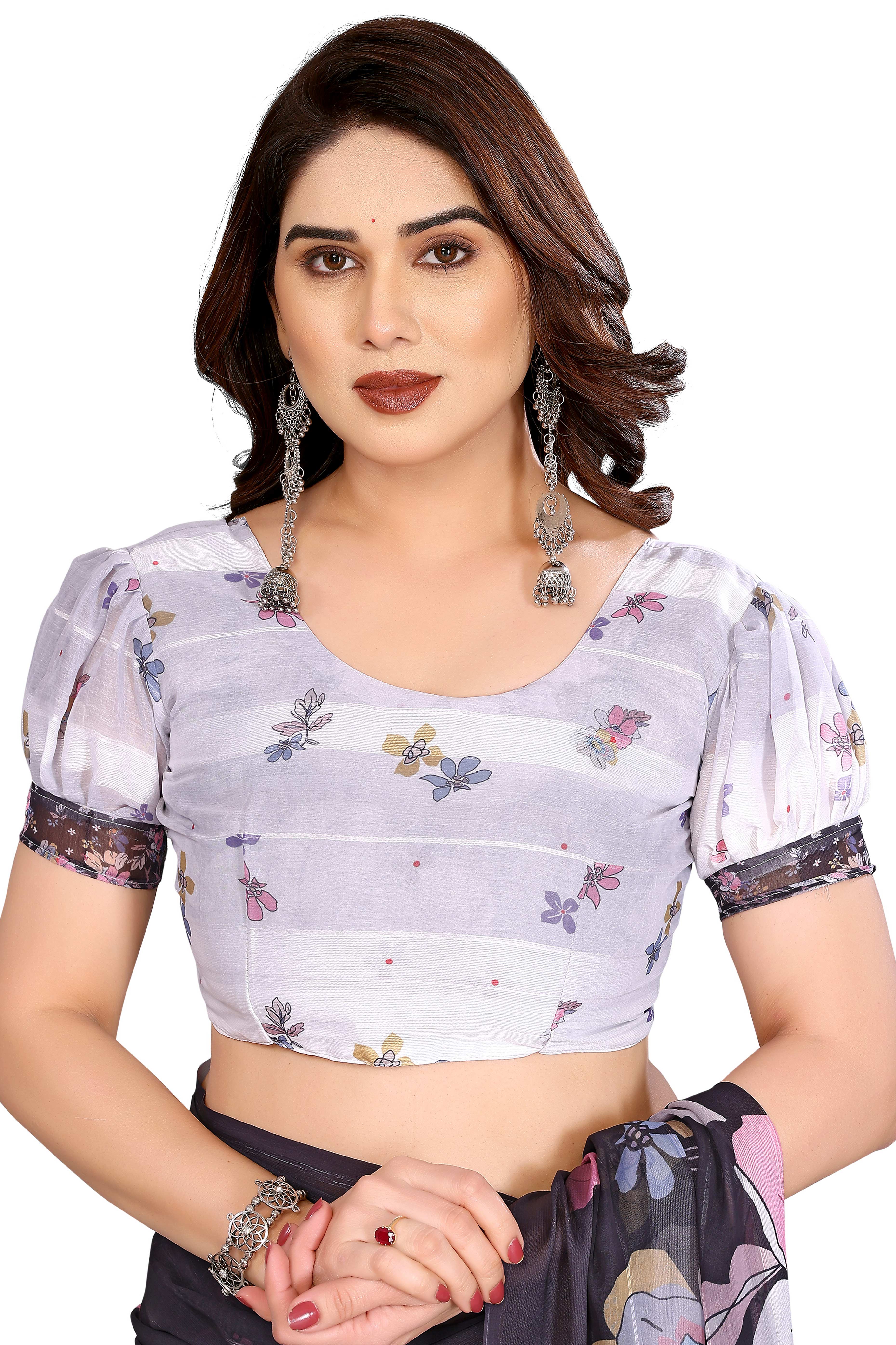 Graceful Black Floral Digital Print Georgette Saree Featuring Zari Work & Vibrant Striped