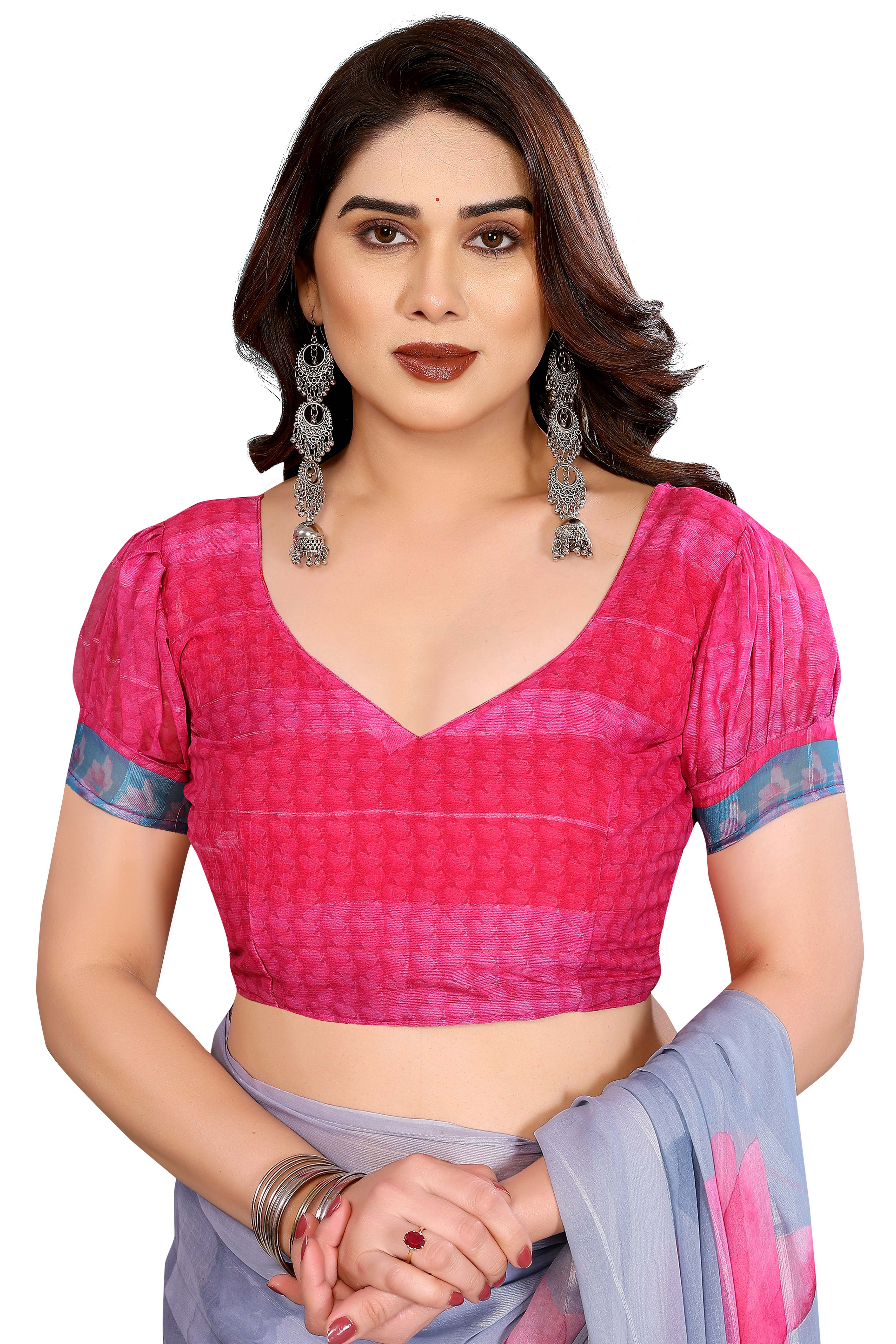 Graceful Grey Floral Digital Print Georgette Saree Featuring Zari Work & Vibrant Striped