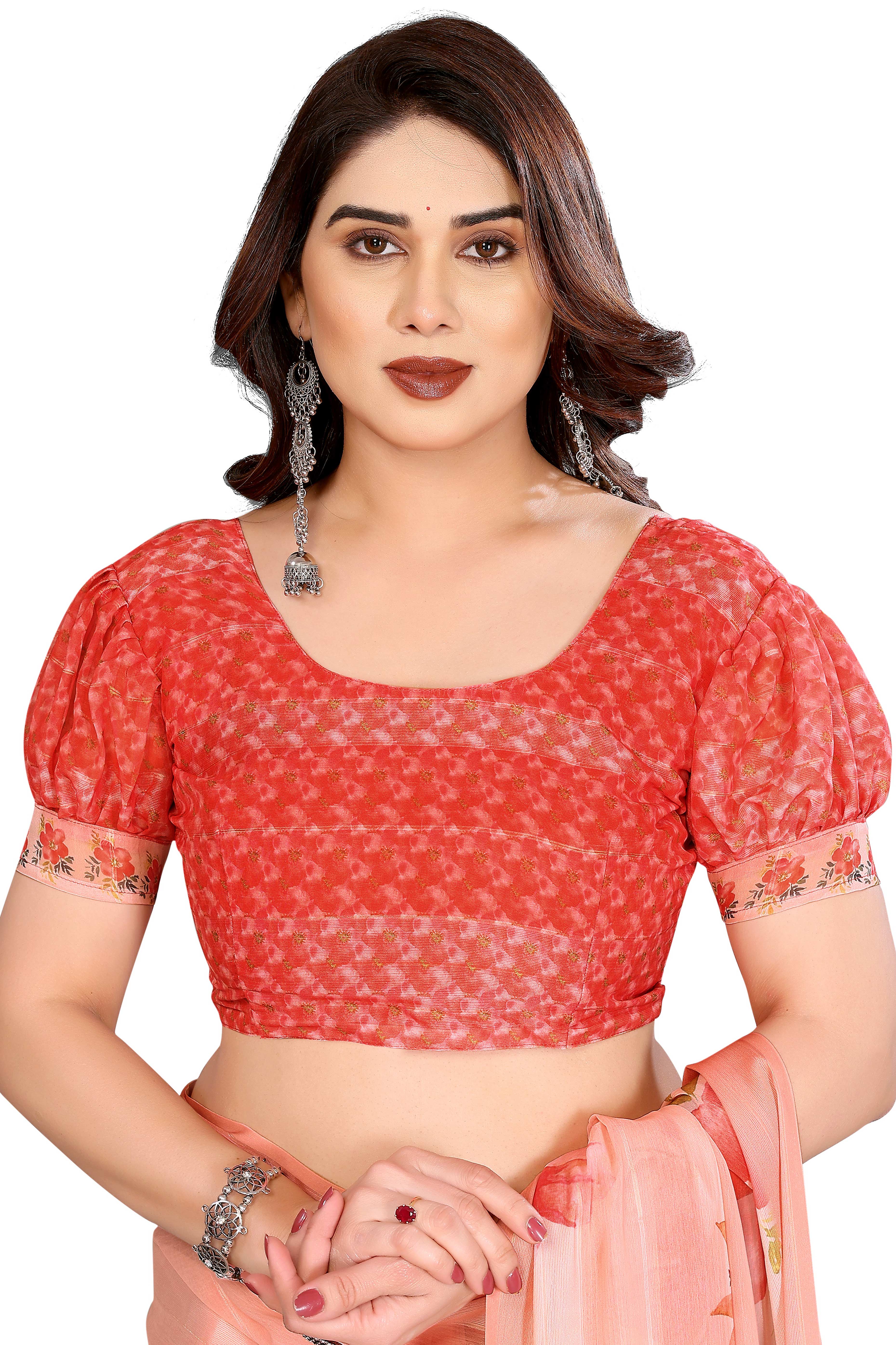 Graceful Peach Floral Digital Print Georgette Saree Featuring Zari Work & Vibrant Striped