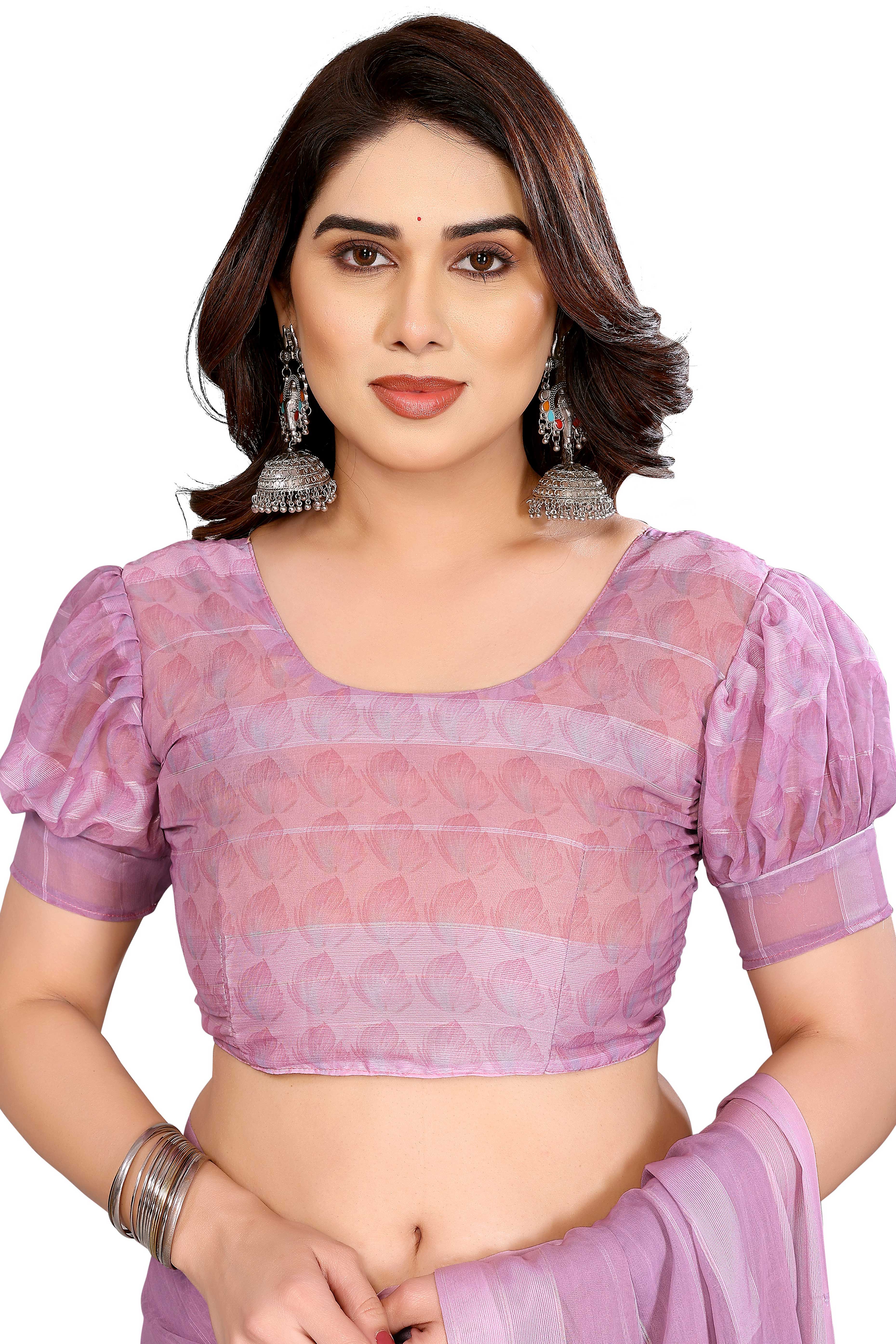 Graceful Light Purple Floral Digital Print Georgette Saree Featuring Zari Work & Vibrant Striped