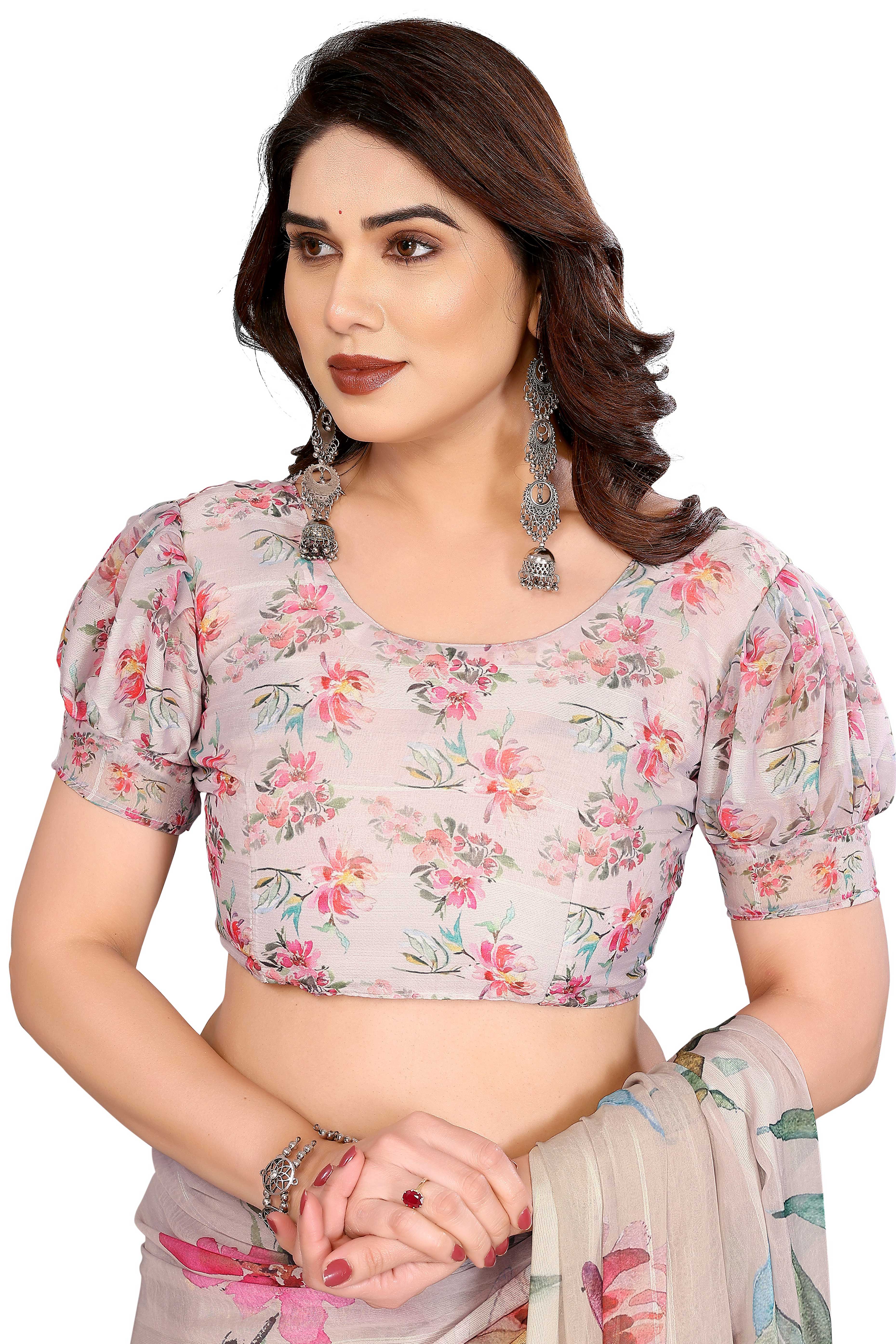 Sophisticated Beige Floral Digital Print Georgettte Saree With Zari Touch & Striped Design