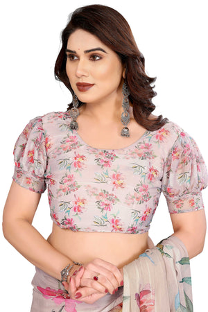 Sophisticated Beige Floral Digital Print Georgettte Saree With Zari Touch & Striped Design