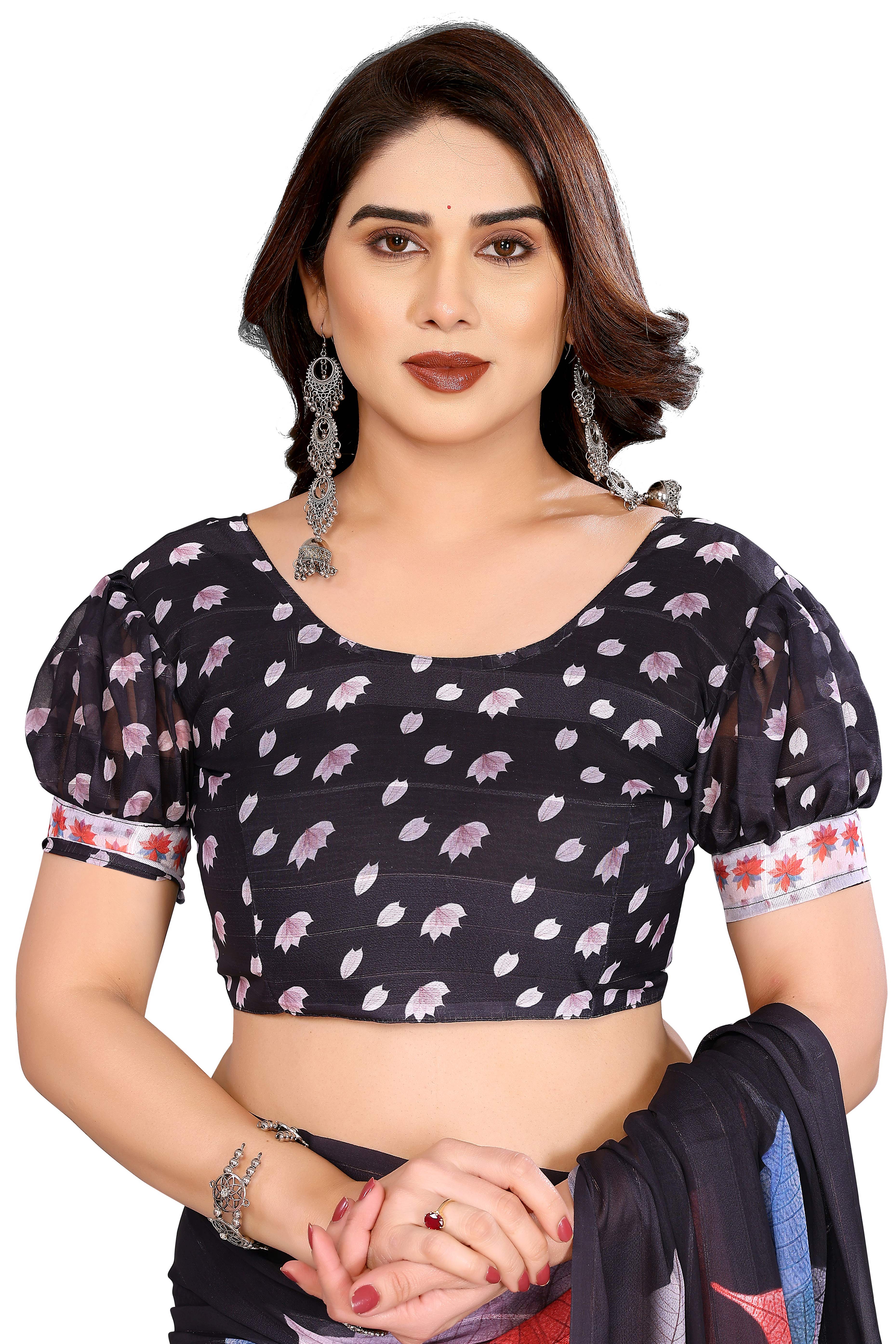 Sophisticated Black Floral Digital Print Georgettte Saree With Zari Touch & Striped Design