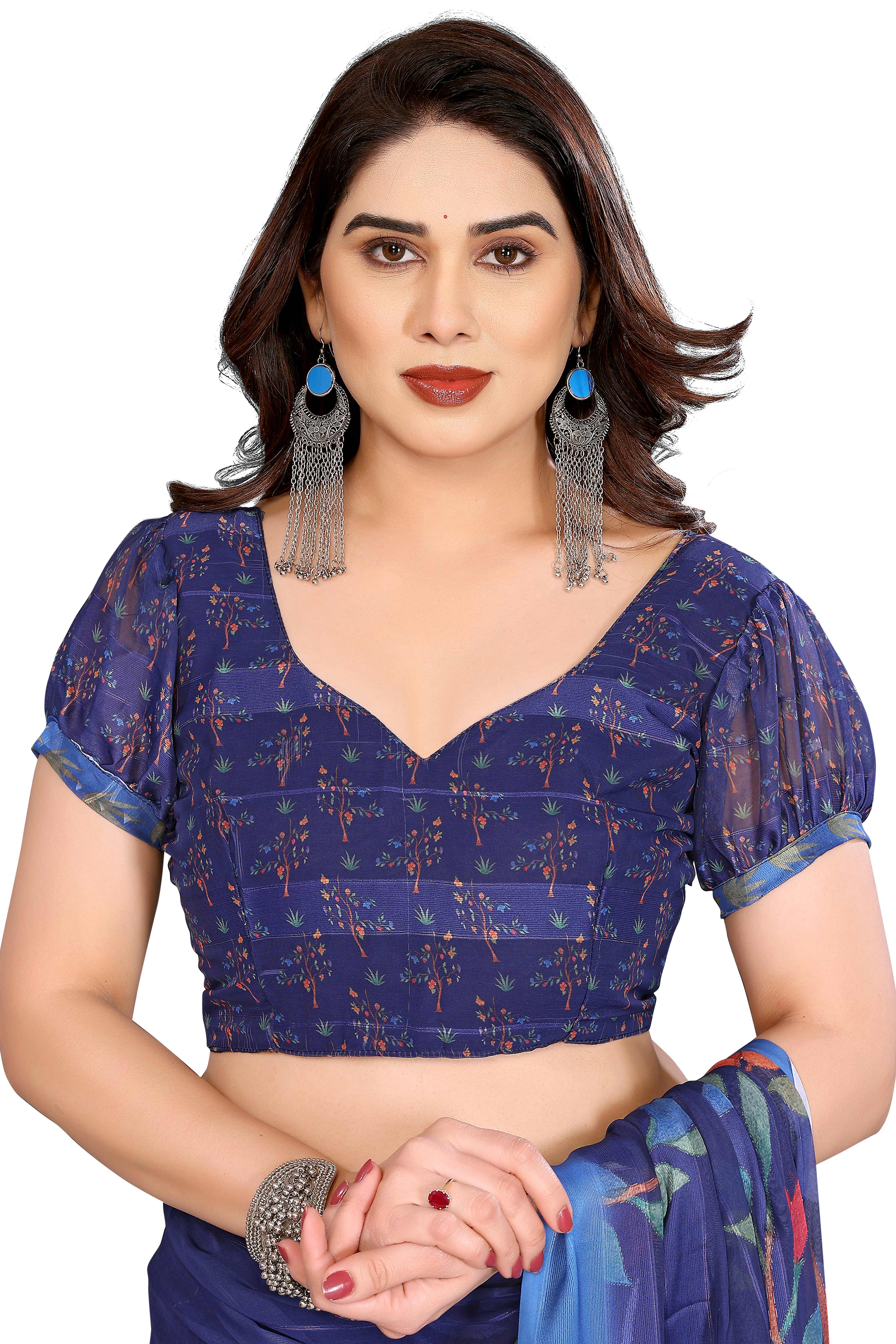Sophisticated Blue Floral Digital Print Georgettte Saree With Zari Touch & Striped Design
