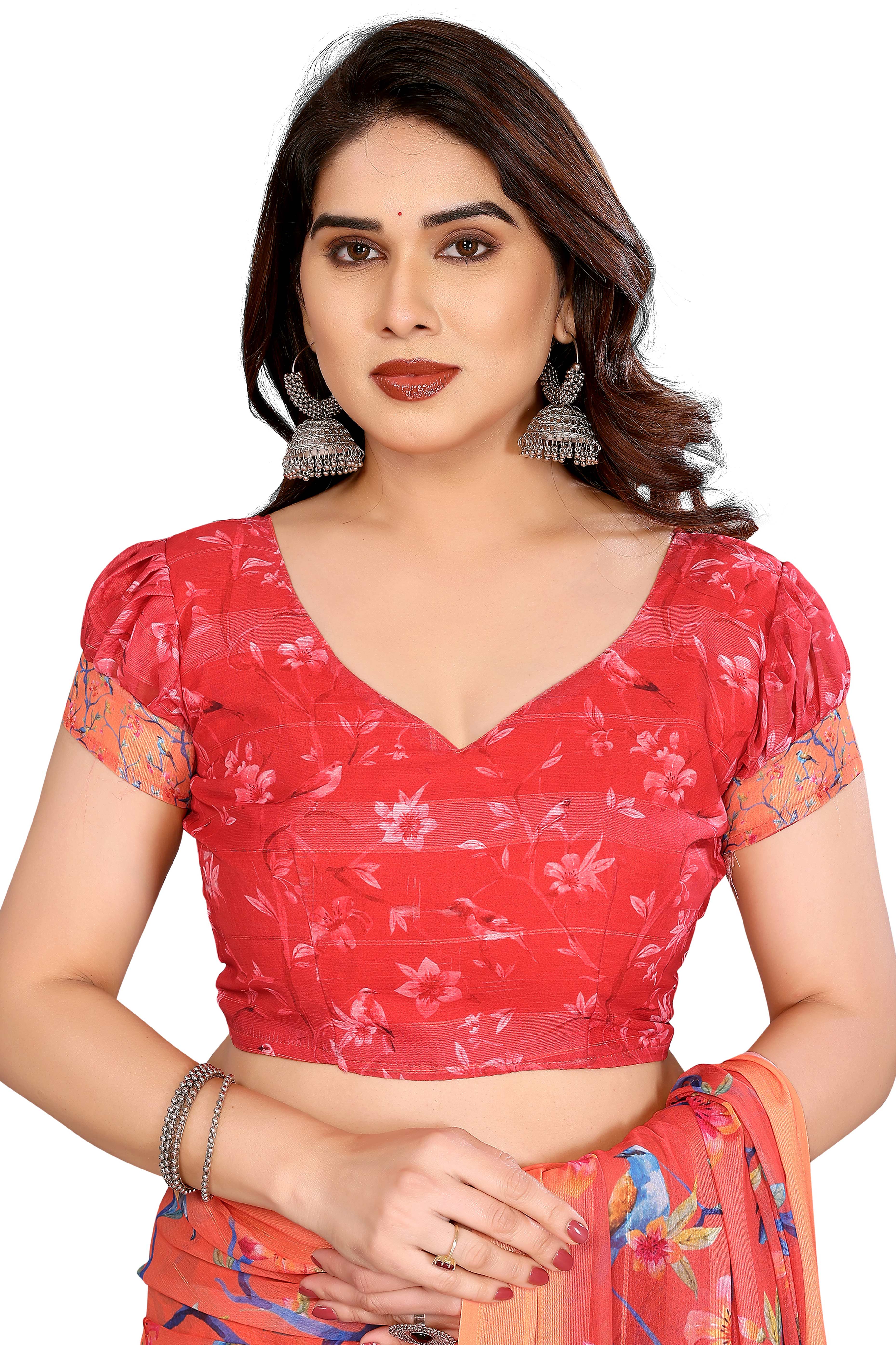 Sophisticated Red Floral Digital Print Georgettte Saree With Zari Touch & Striped Design