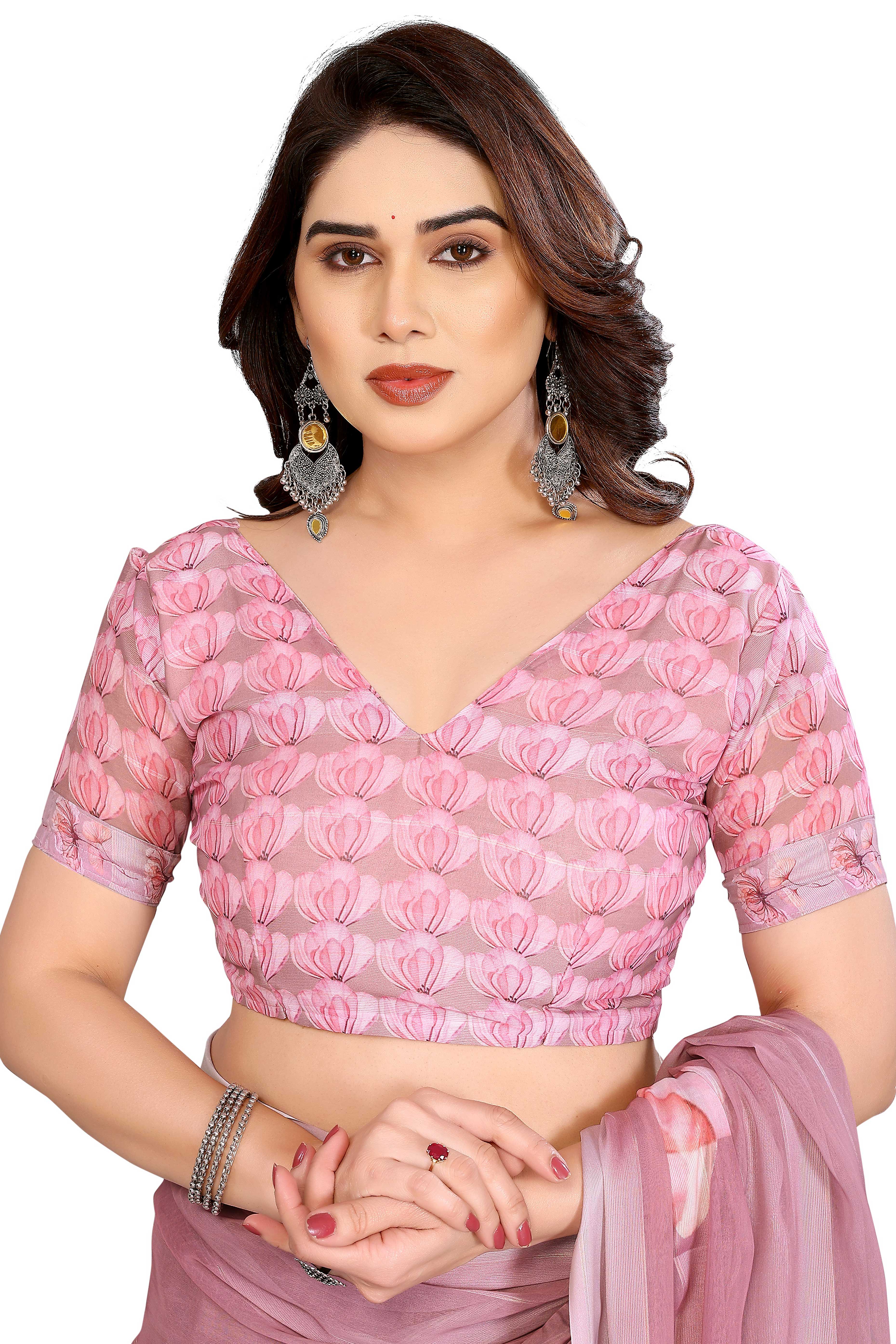 Sophisticated Light Mauve Floral Digital Print Georgettte Saree With Zari Touch & Striped Design