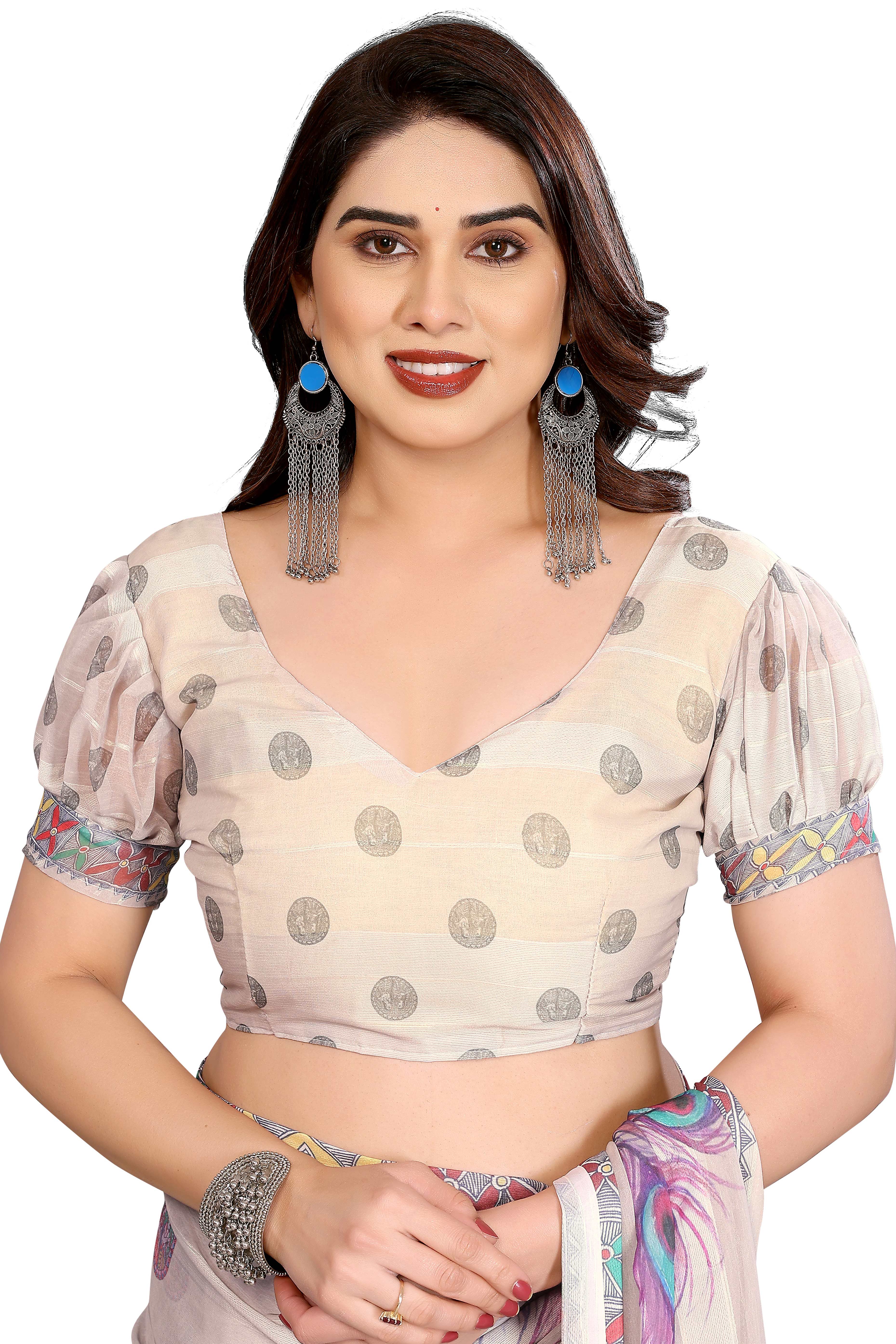 Classic Beige Floral Digital Print Georgette Saree With Refined Zari & Stylish Striped