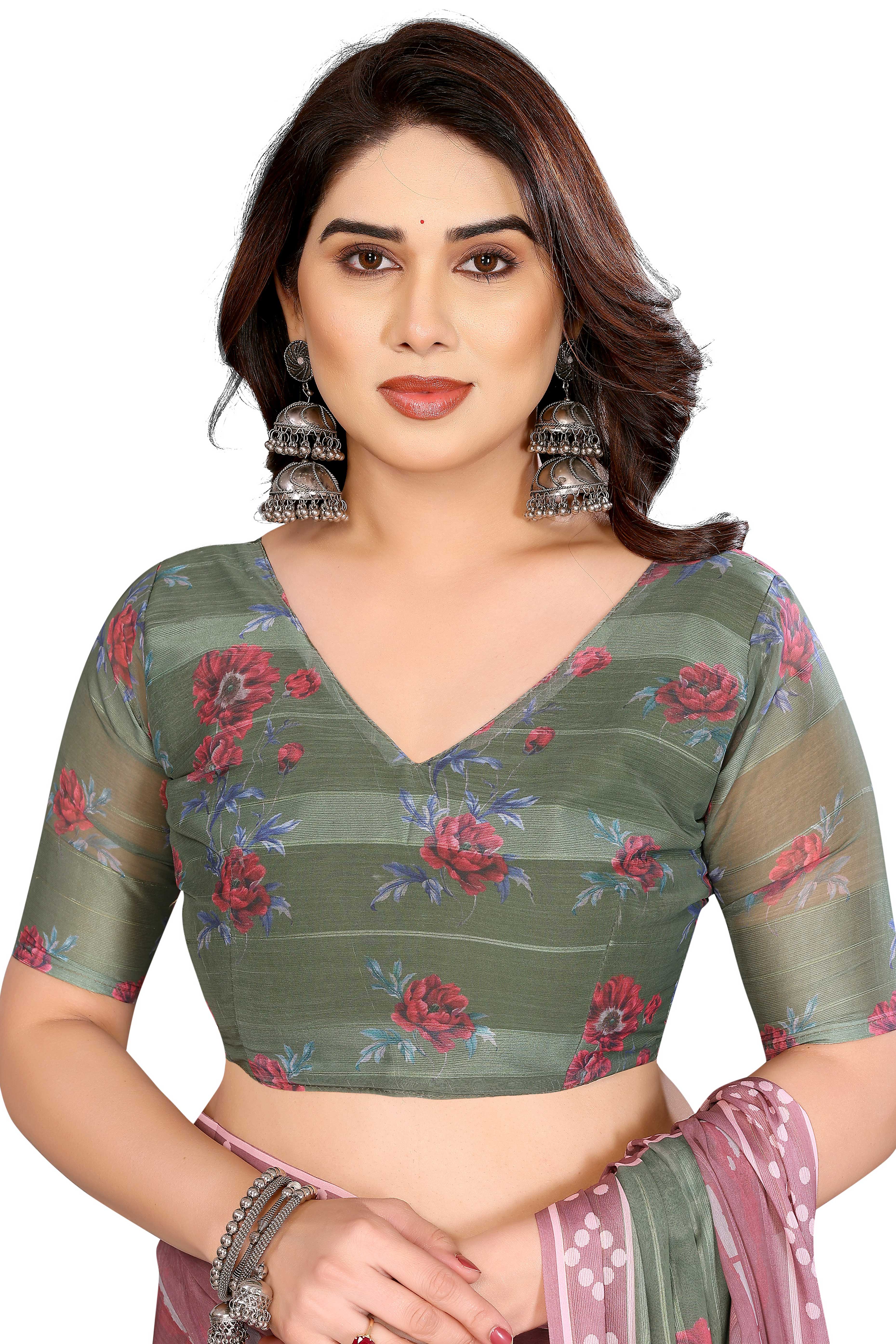 Classic Light Mauve Floral Digital Print Georgette Saree With Refined Zari & Stylish Striped