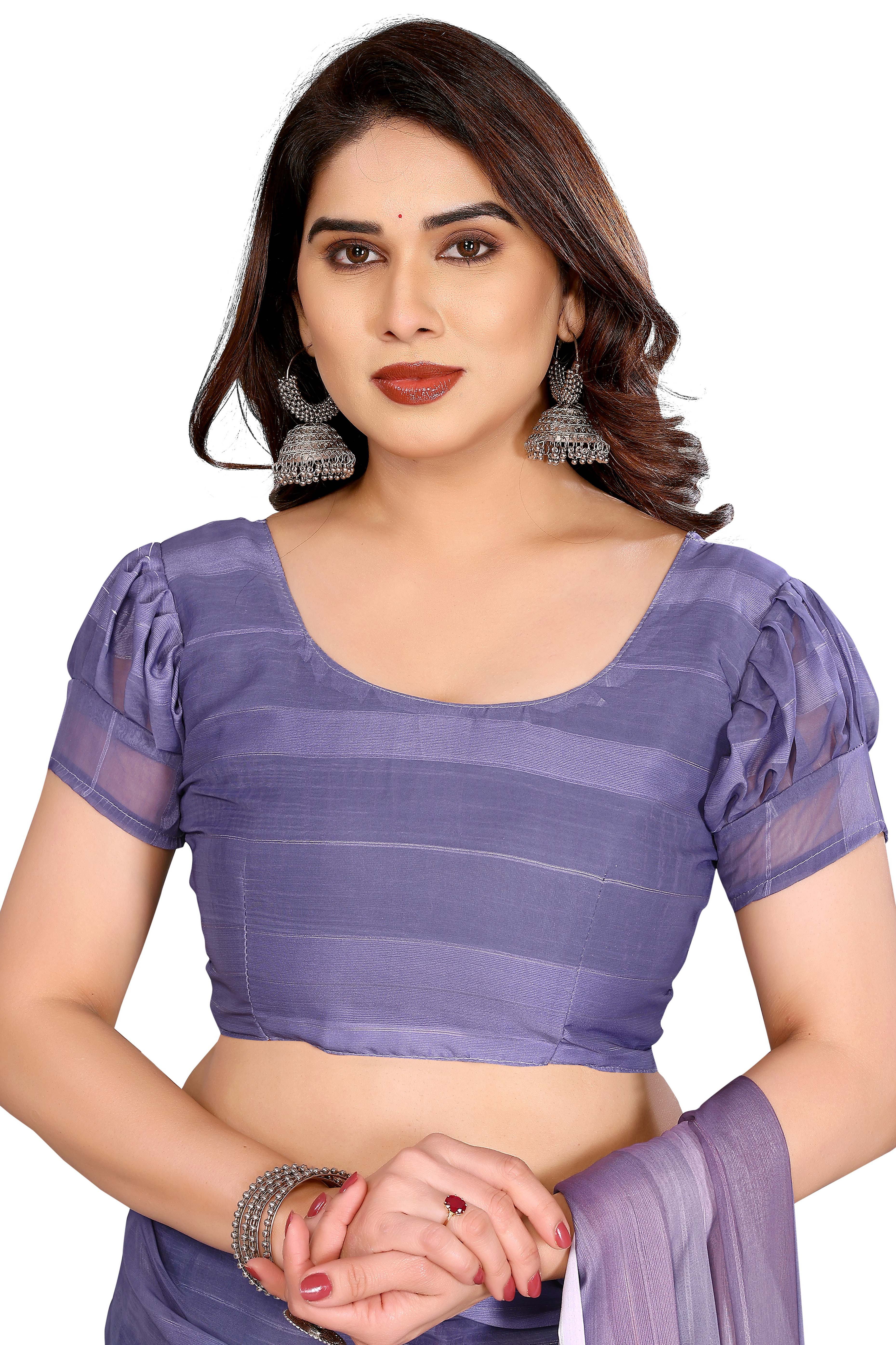 Classic Purple Digital Print Georgette Saree With Refined Zari & Stylish Striped