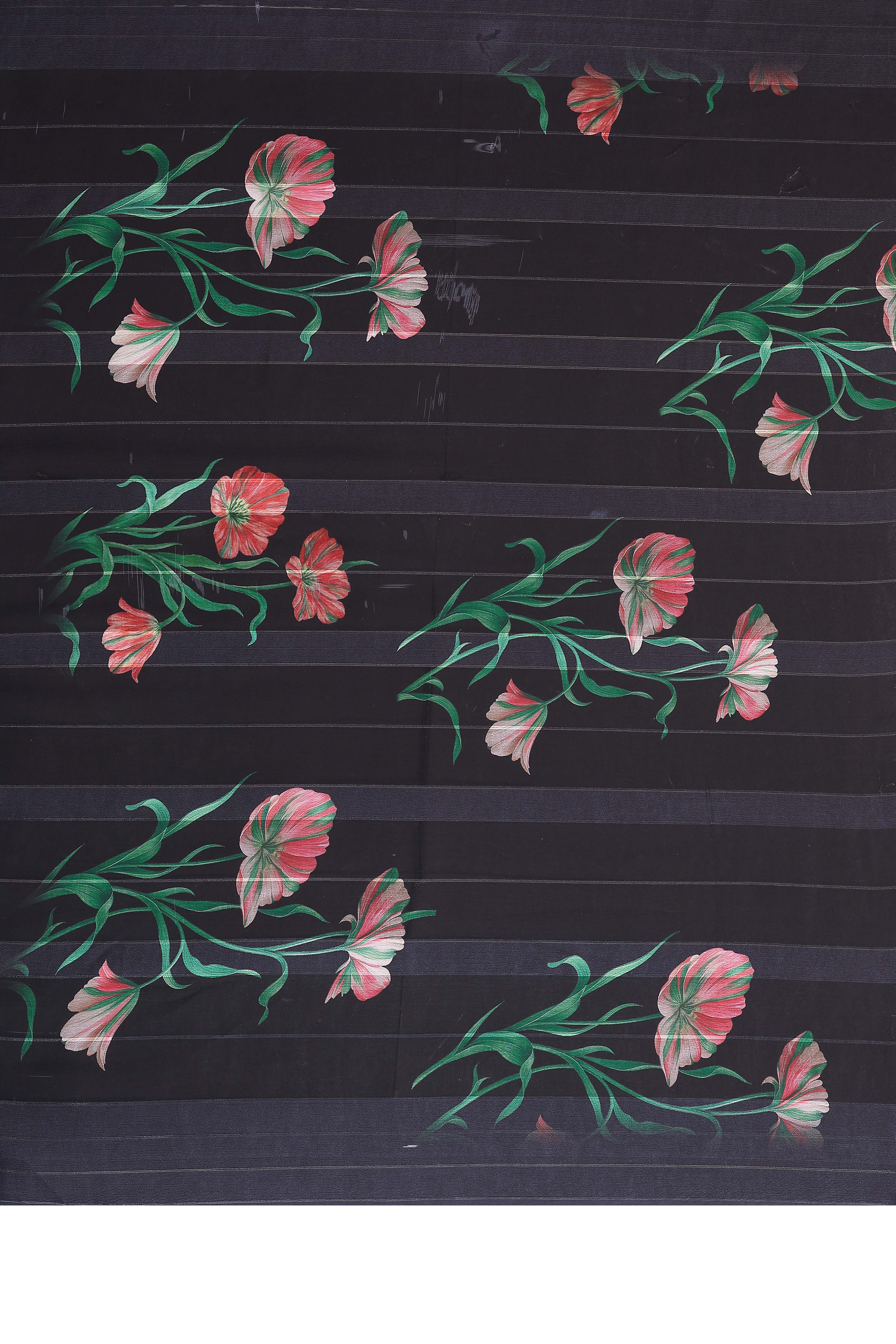 Premium Black Floral Digital Printed Georgette Saree Featuring Delicate Zari & Bright Striped