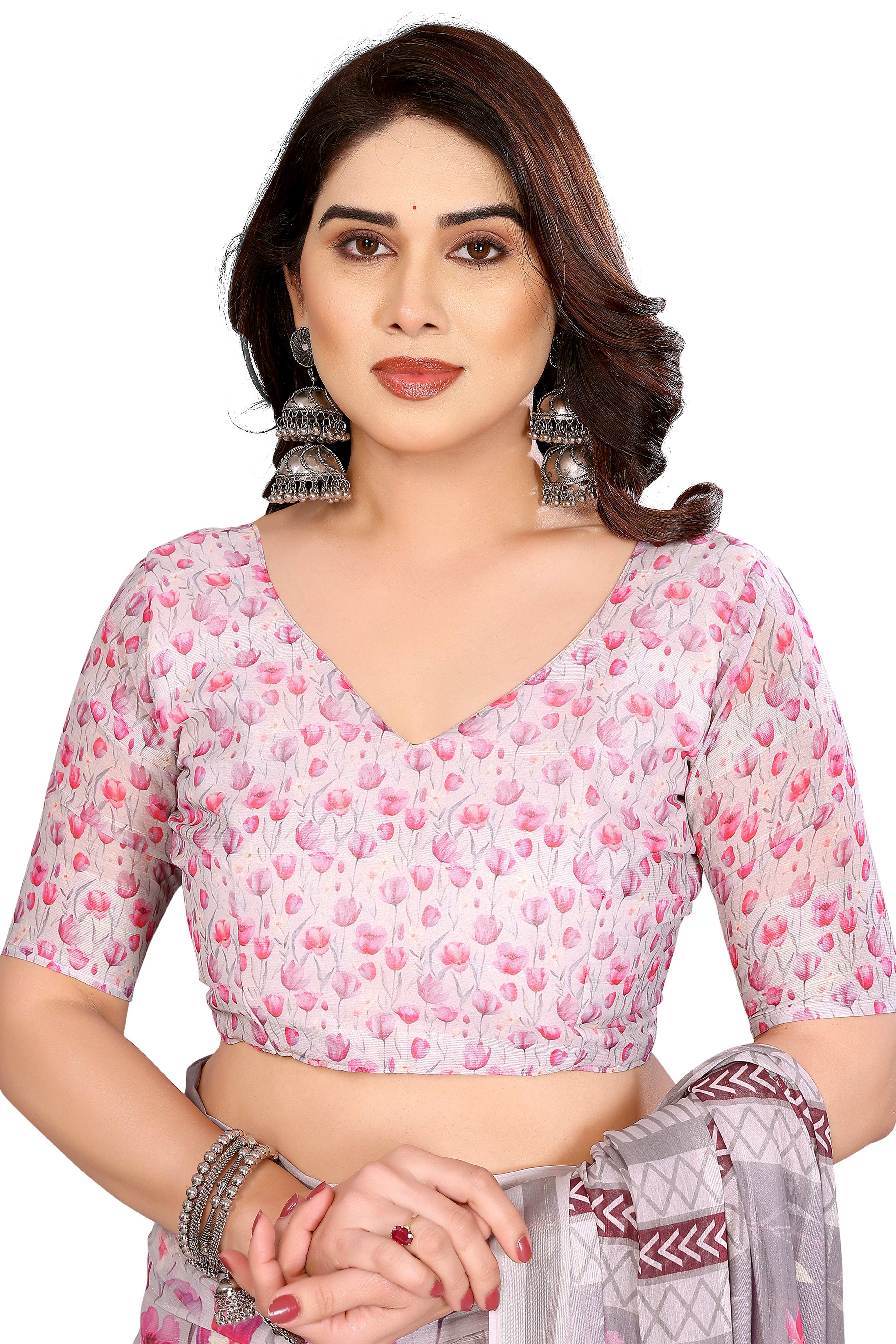 Premium Grey Floral Digital Printed Georgette Saree Featuring Delicate Zari & Bright Striped