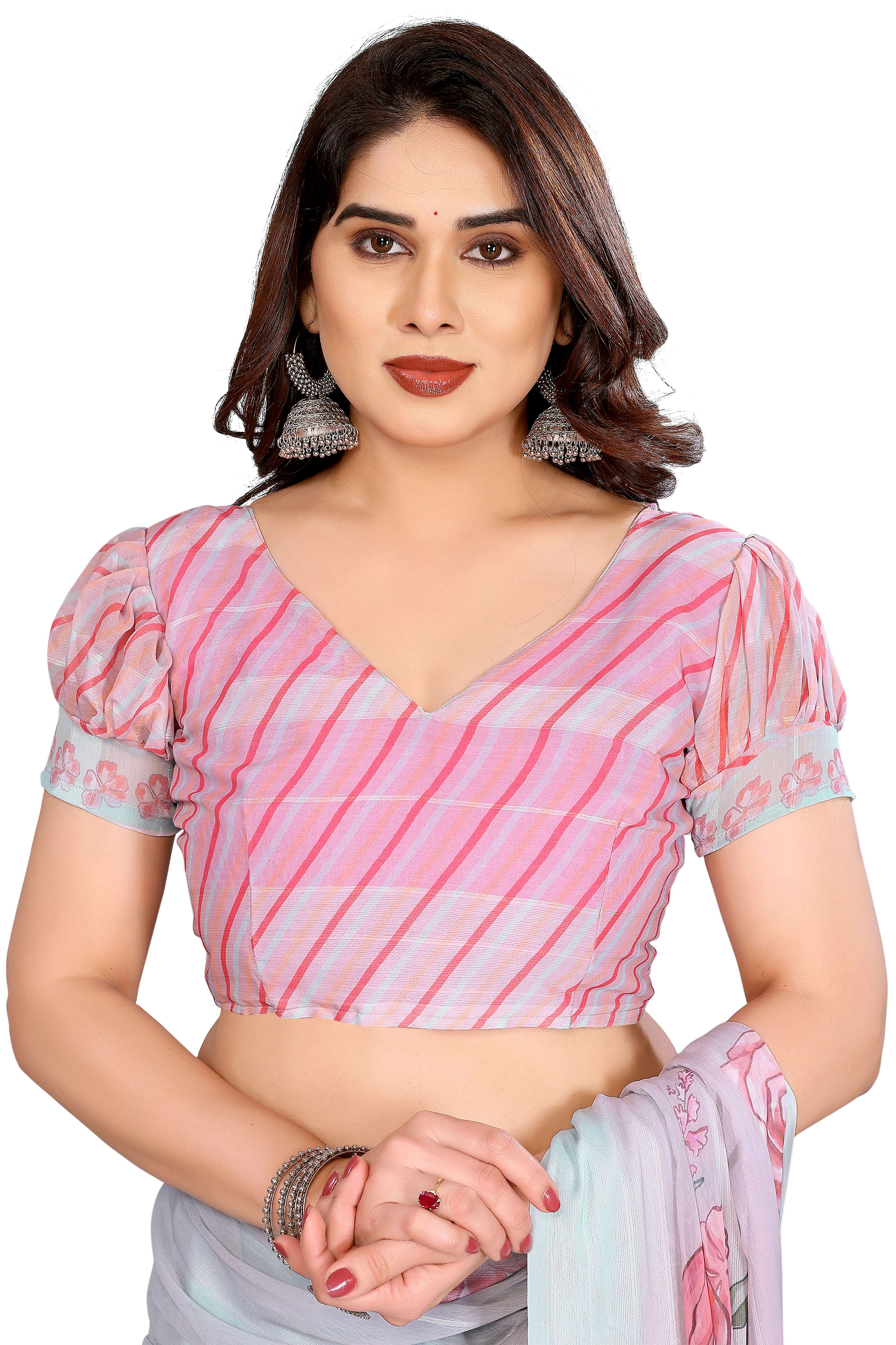 Premium Light Turquoise Floral Digital Printed Georgette Saree With Delicate Zari & Bright Striped