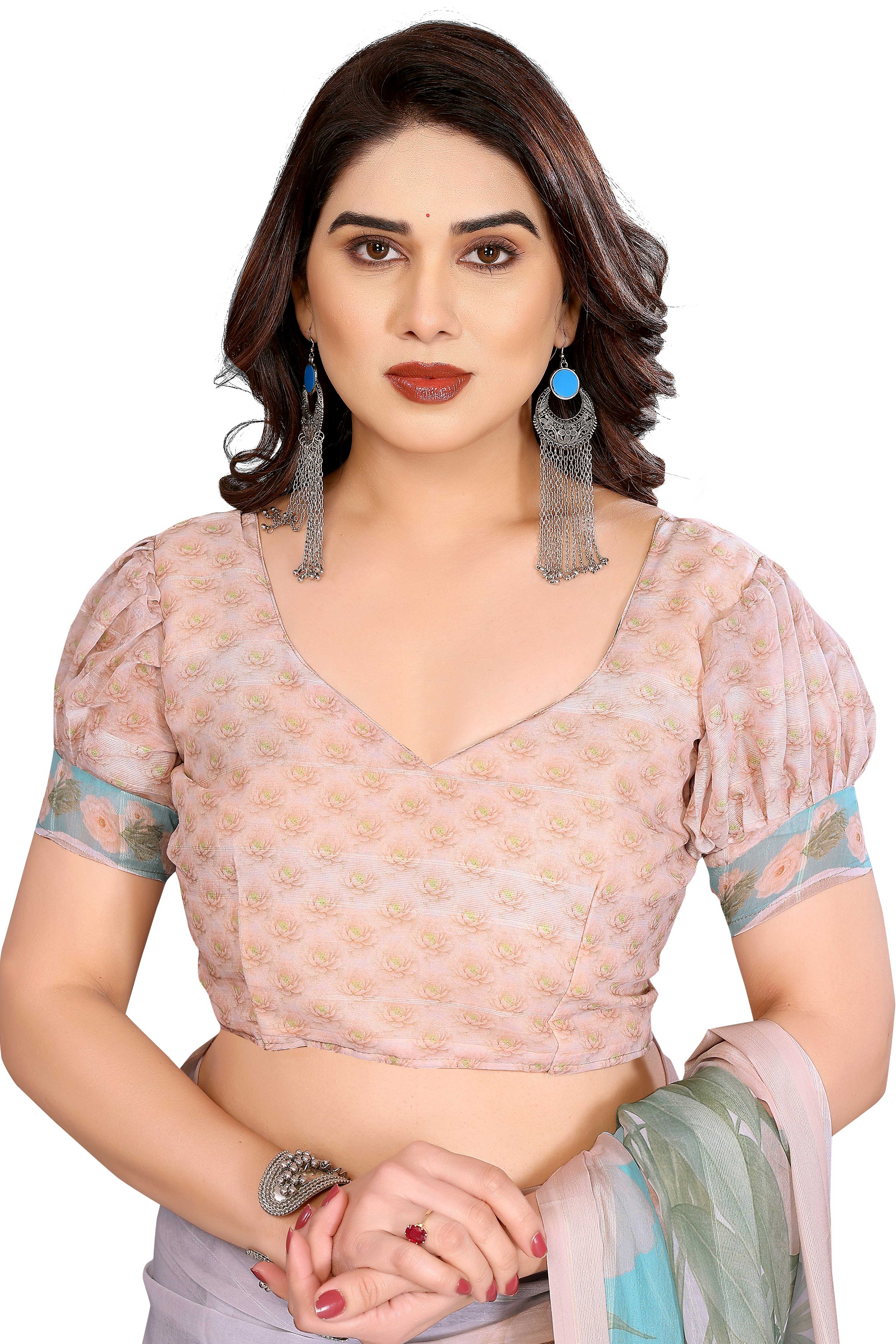 Premium Sky Blue & Grey Floral Digital Printed Georgette Saree With Delicate Zari & Bright Striped