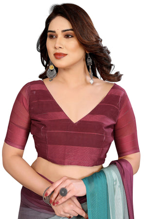 Premium Teal & Green Digital Printed Georgette Saree Featuring Delicate Zari & Bright Striped